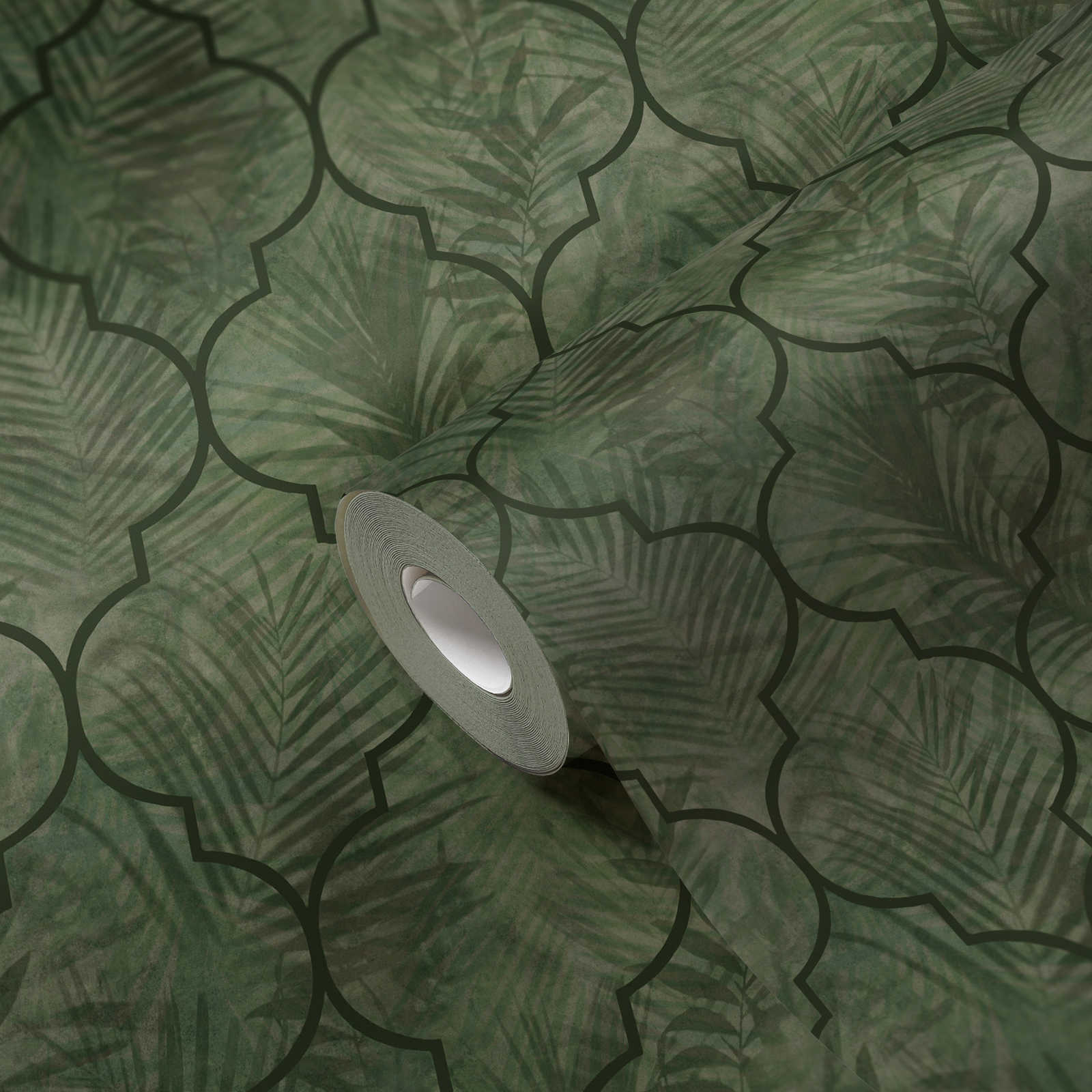             Vliestapete mit Blättermuster auf Fliesenoptik – Grün
        