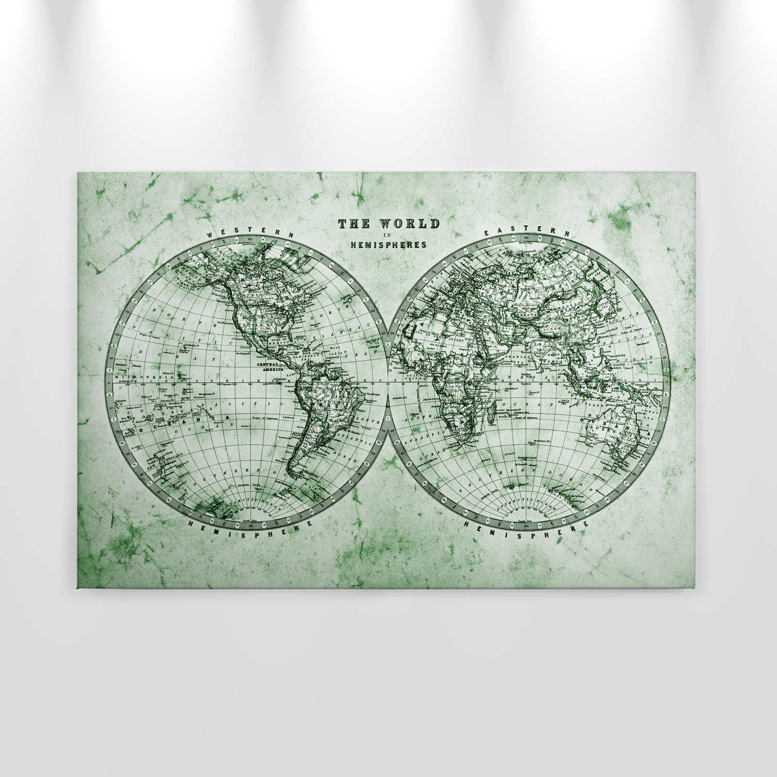             Leinwand mit Vintage Weltkarte in Hemisphären | grün, grau, weiß – 0,90 m x 0,60 m
        