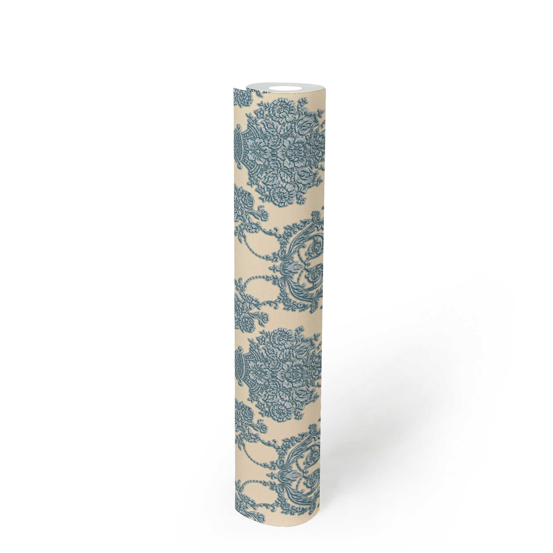             Ornamenttapete floral mit Metallic Akzent – Beige, Blau
        