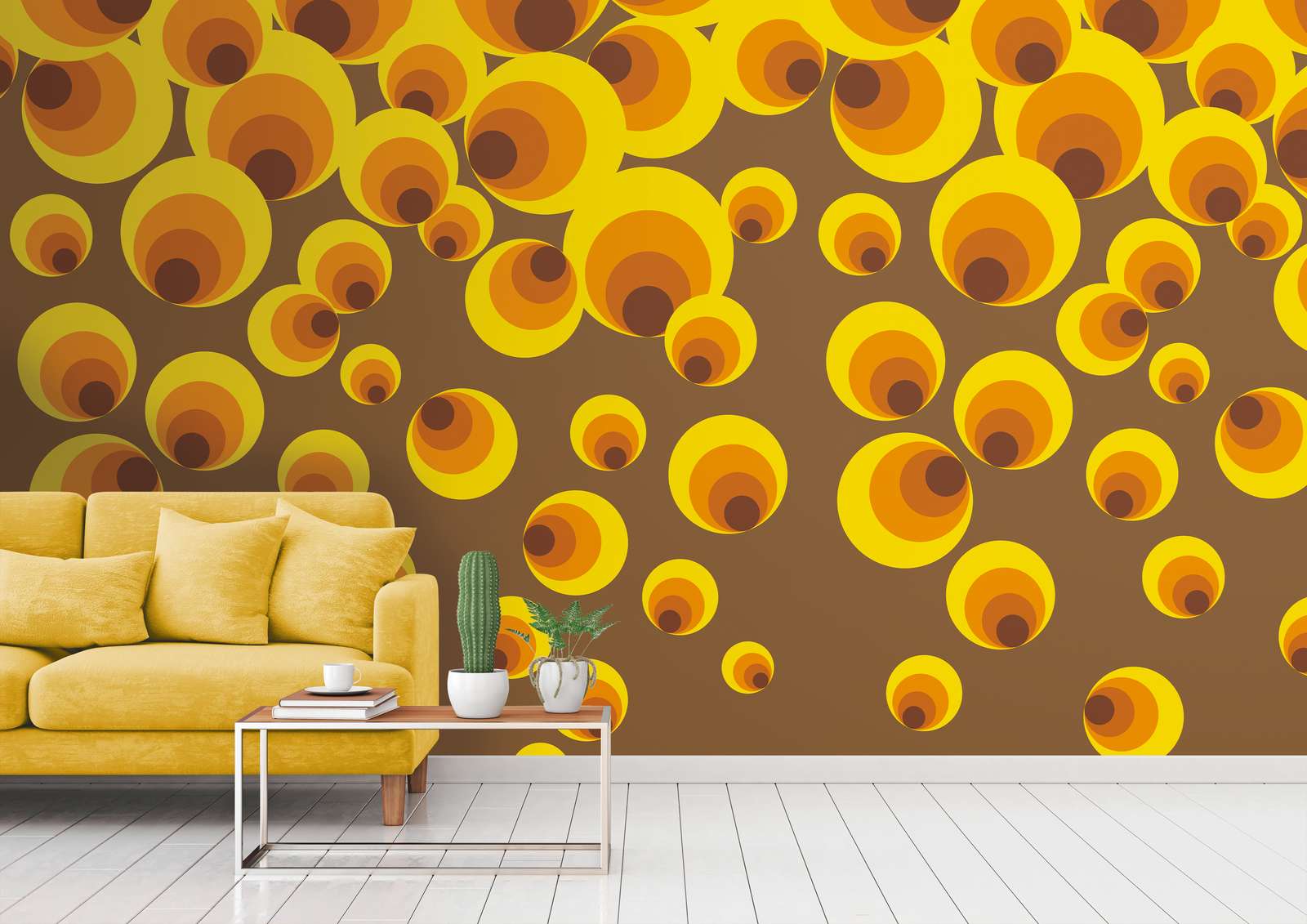             Vliestapete mit großem gepunktetem Muster im Retro Stil – Gelb, Orange, Braun
        