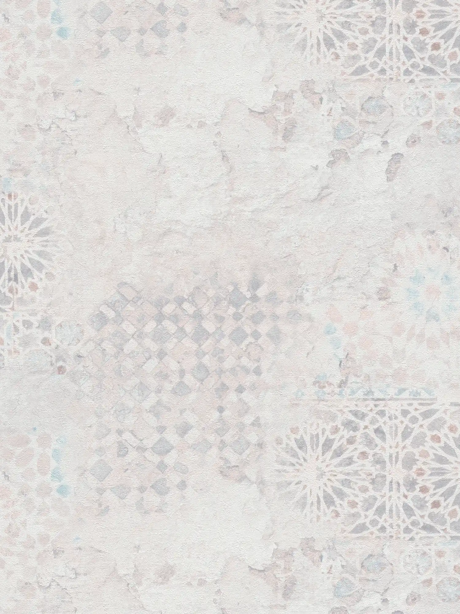 Mustertapete mit Mosaik Design im Vintage Stil – Grau, Grün, Lila
