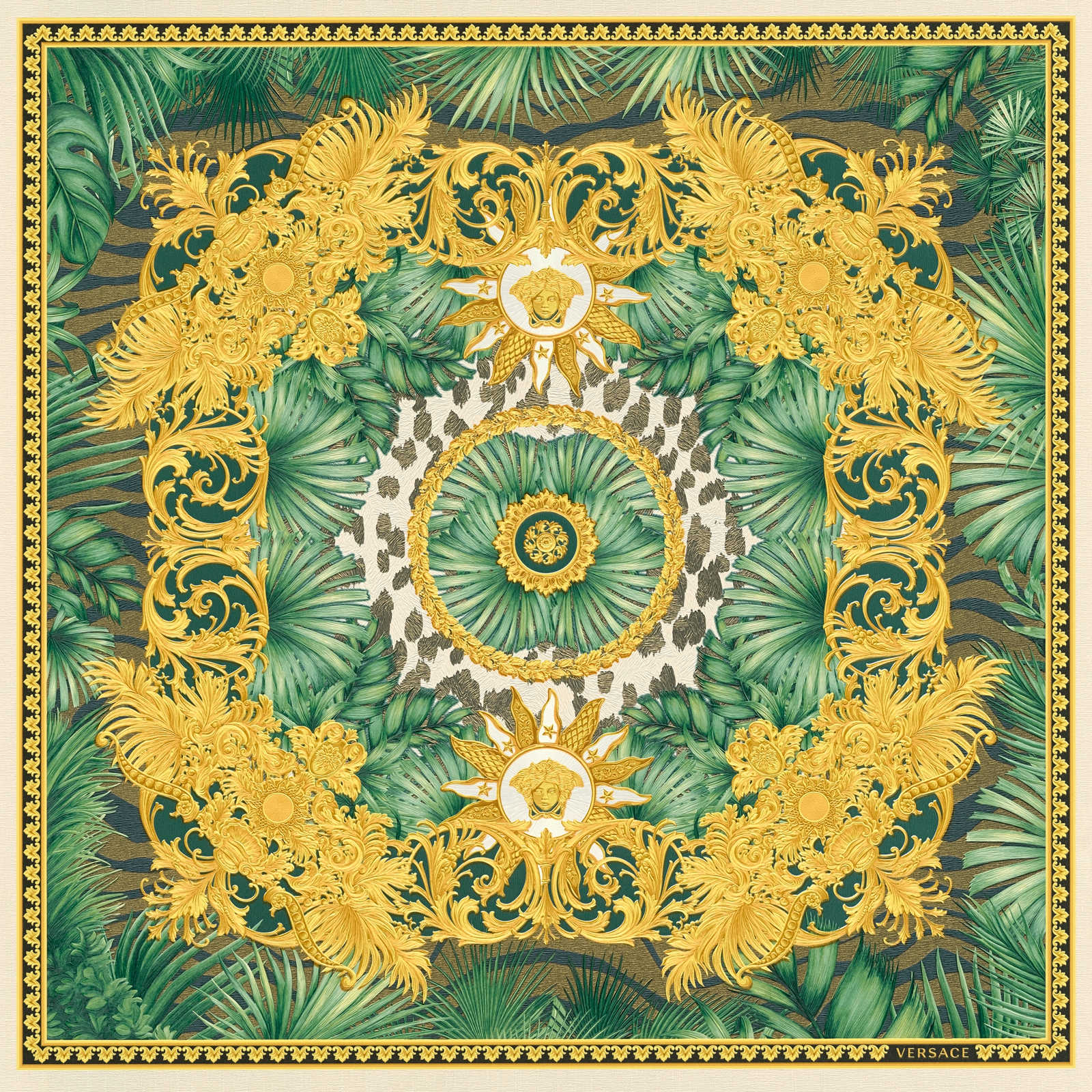 VERSACE Tapete Kolonialstil Design mit Gold-Ornament – Grün, Metallic
