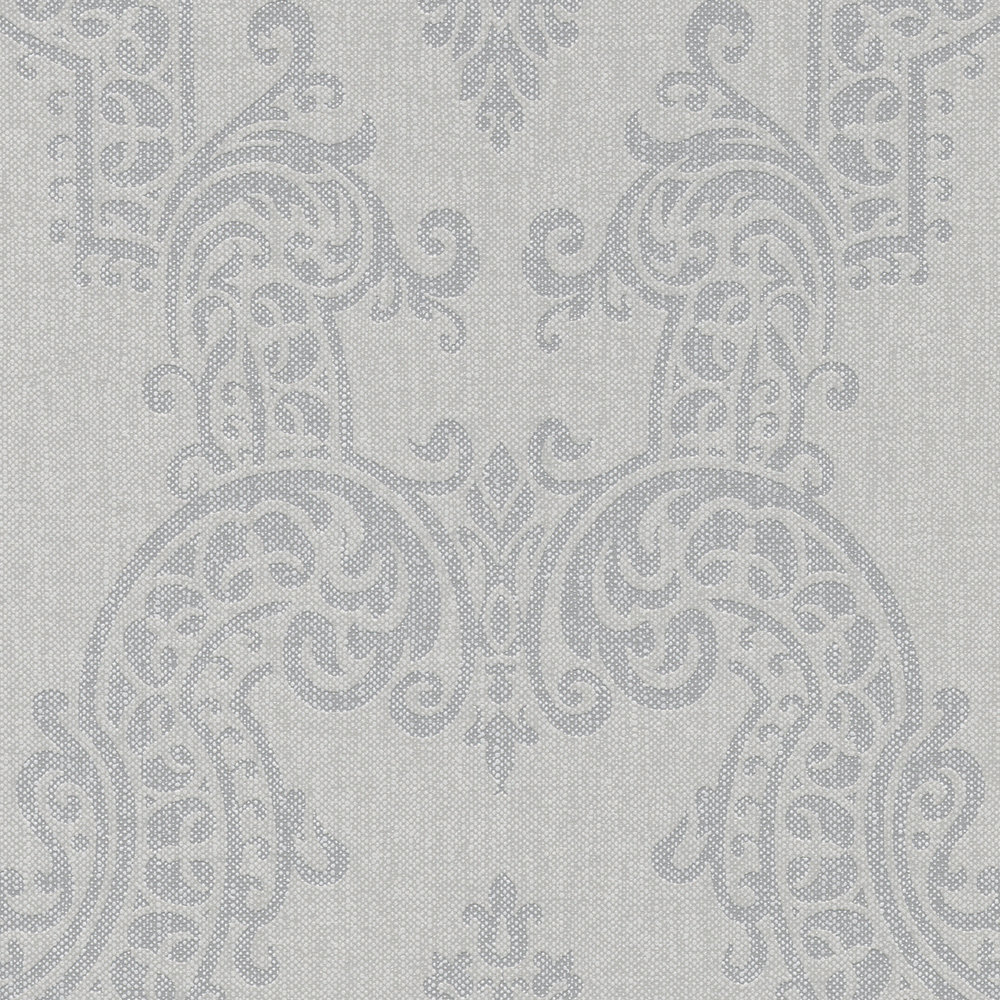             Florale Ornament-Tapete mit Leinenoptik – Beige, Grau
        