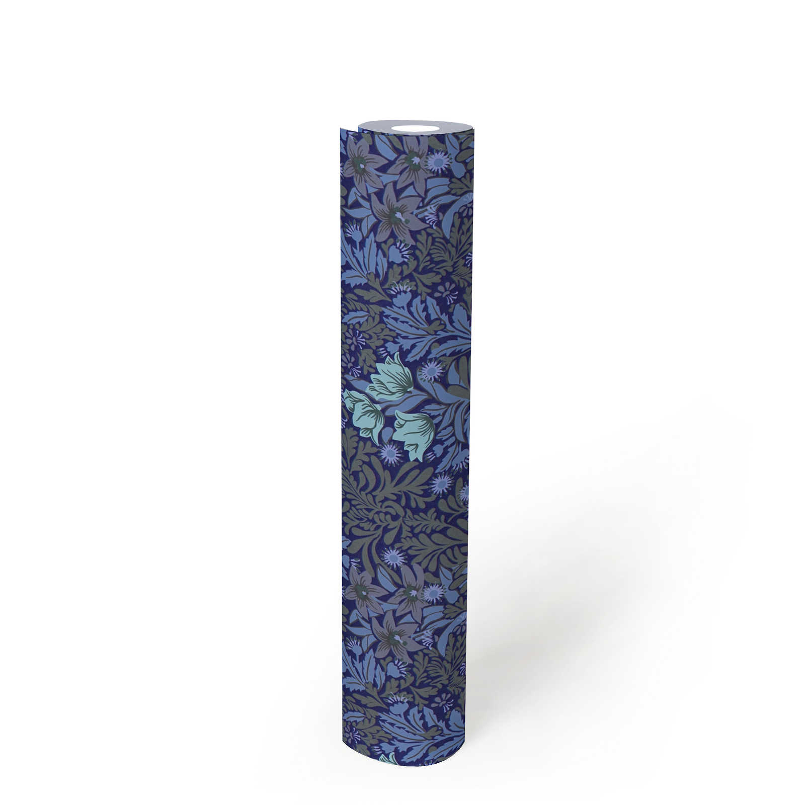             Floral Vliestapete mit Blätterranken und Blüten – Blau, Grau, Grün
        