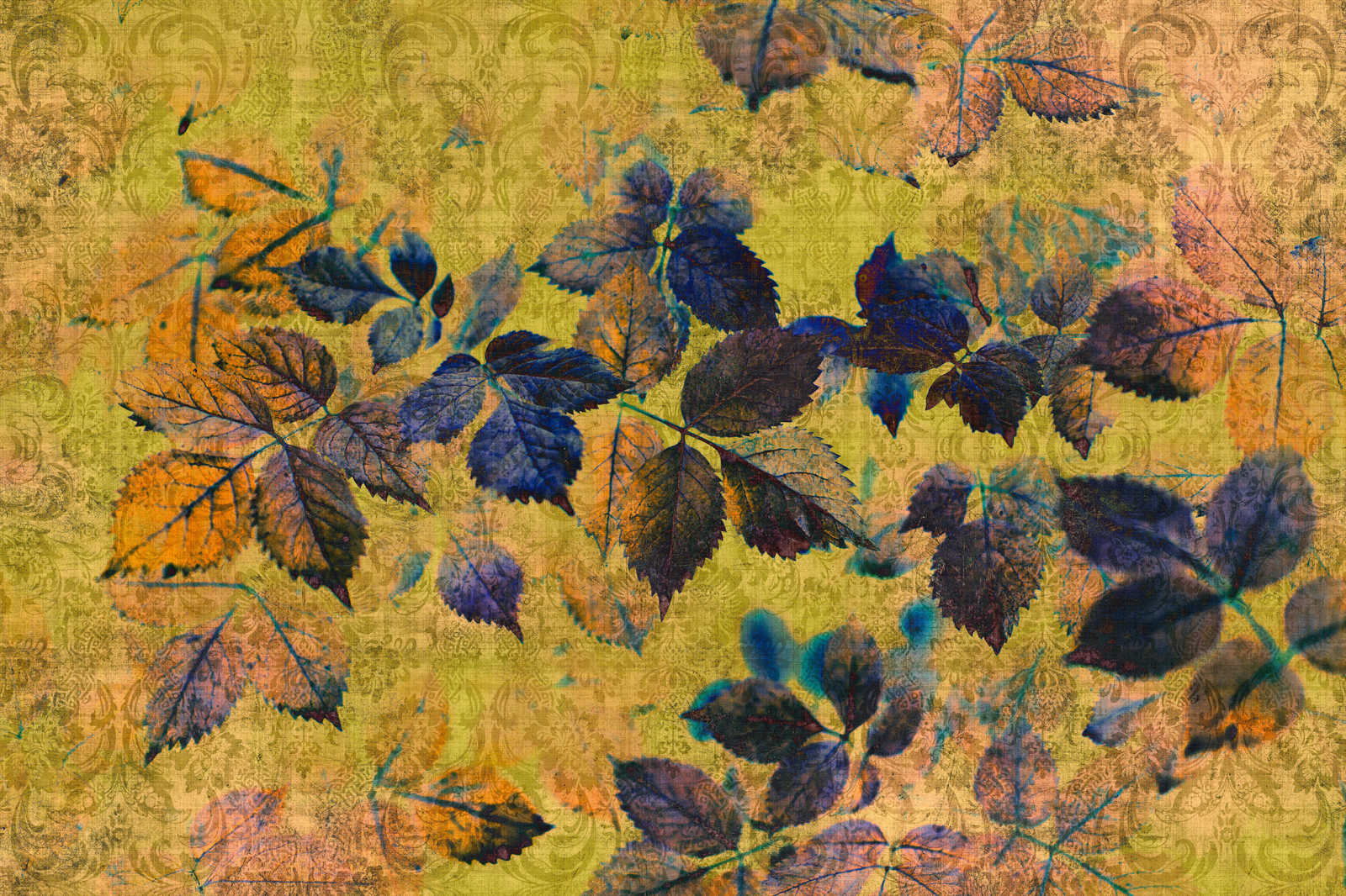             Indian summer 1 - Leinwandbild mit Blättern und Ornamenten in naturleinen Struktur – 0,90 m x 0,60 m
        
