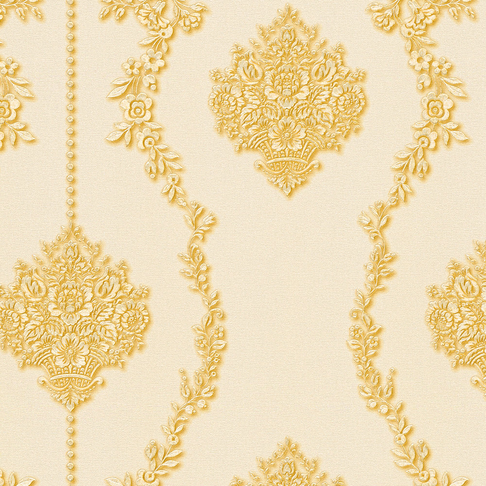             Ornamenttapete Blumenmuster & Ranken – Creme, Gold
        