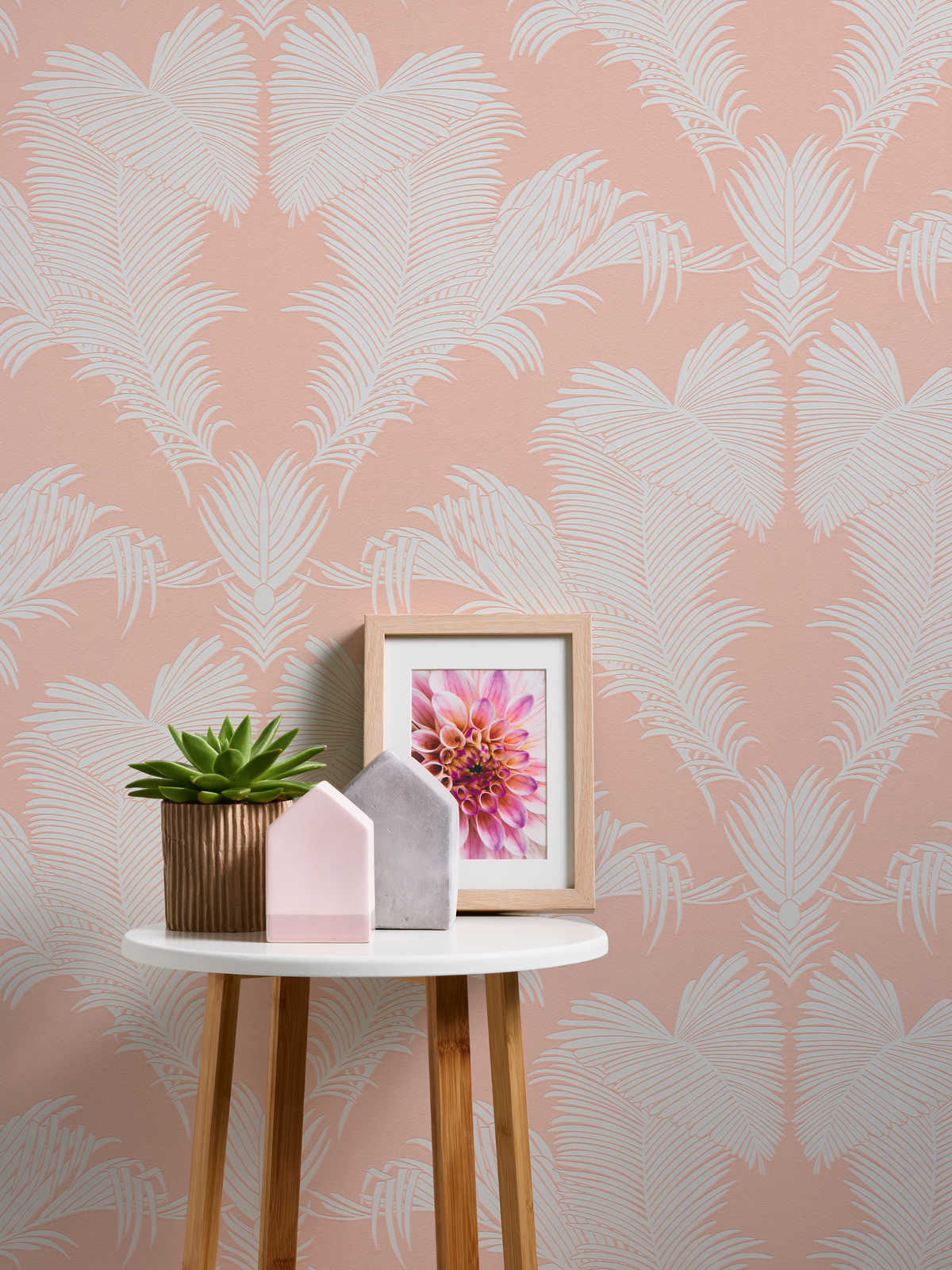             Rosa Tapete mit Palmenblatt Muster & Strukturprägung – Rosa, Weiß
        