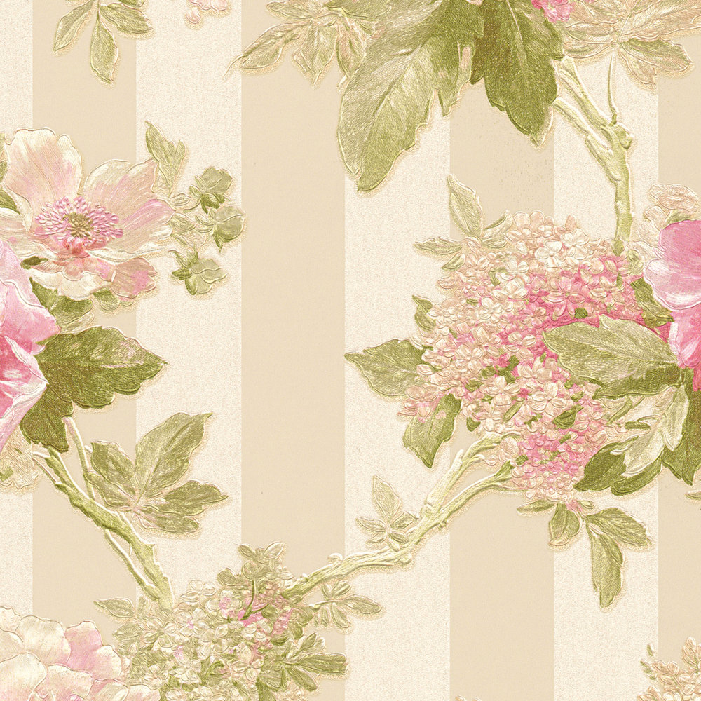             Tapete Blütenmotiv und Streifendesign – Rosa, Grün, Creme
        