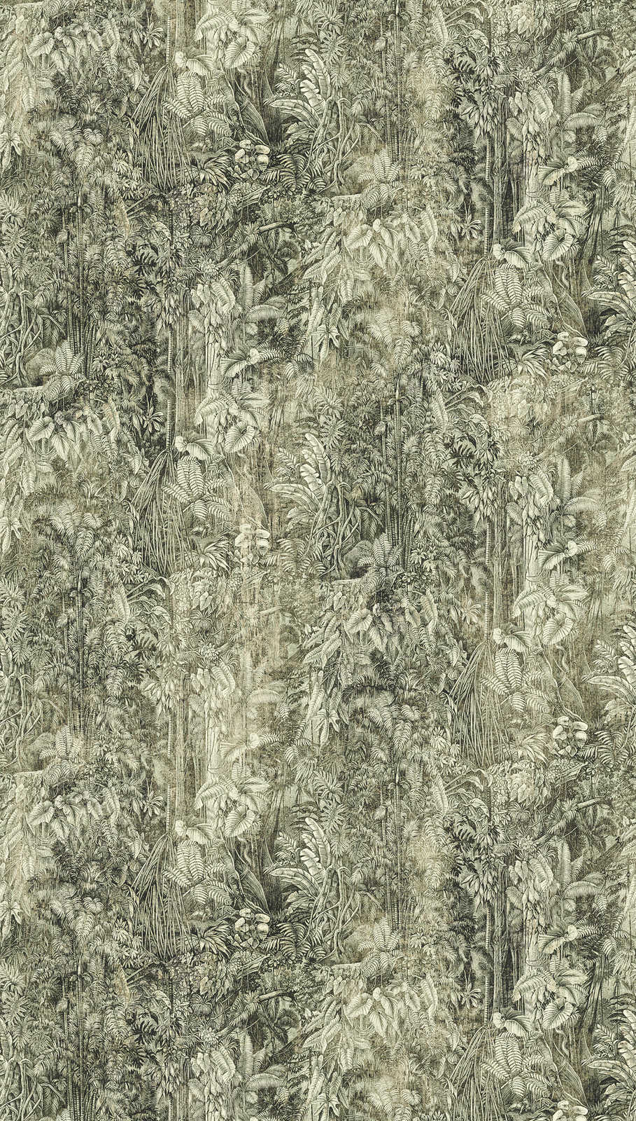             Dschungelmotiv Tapete im Retro Stil – Grün, Grau
        