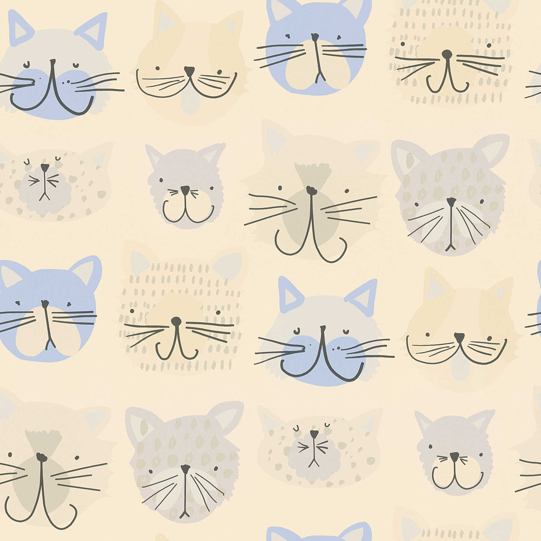 Papiertapete Katzen im Comic-Stil für Kinderzimmer – Blau, Grau
