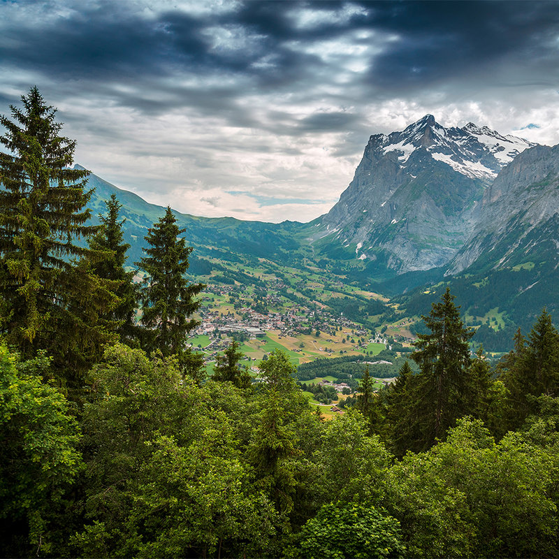 Motivtapete mit Berglandschaft – Grün, Grau, Blau
