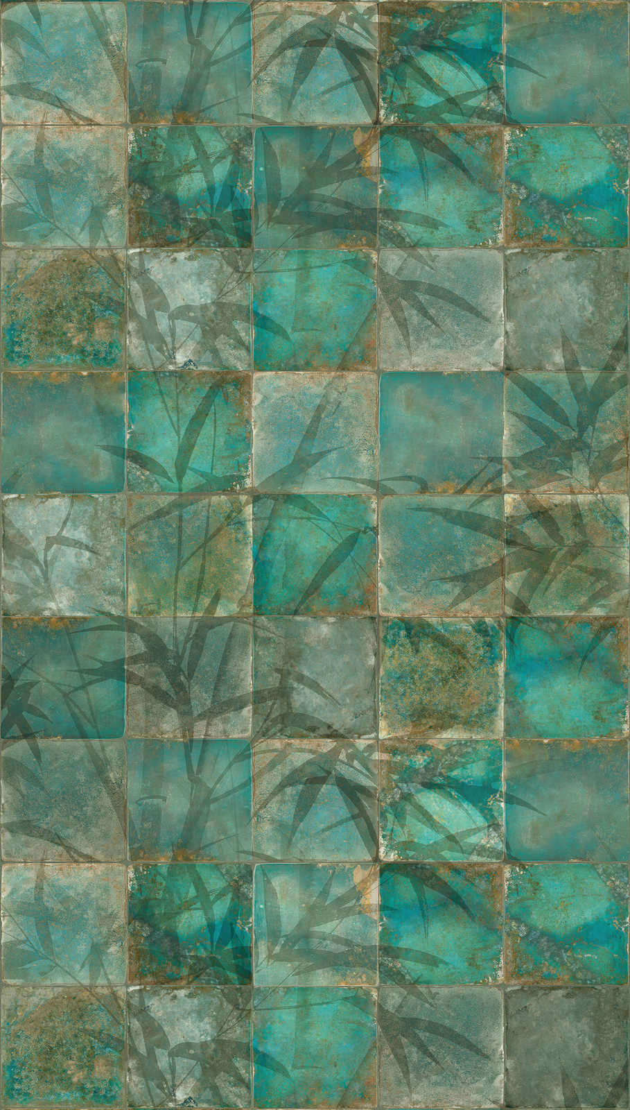             Grüne Vliestapete mit Blatt Mosaikmuster in Fliesenoptik – Grün
        
