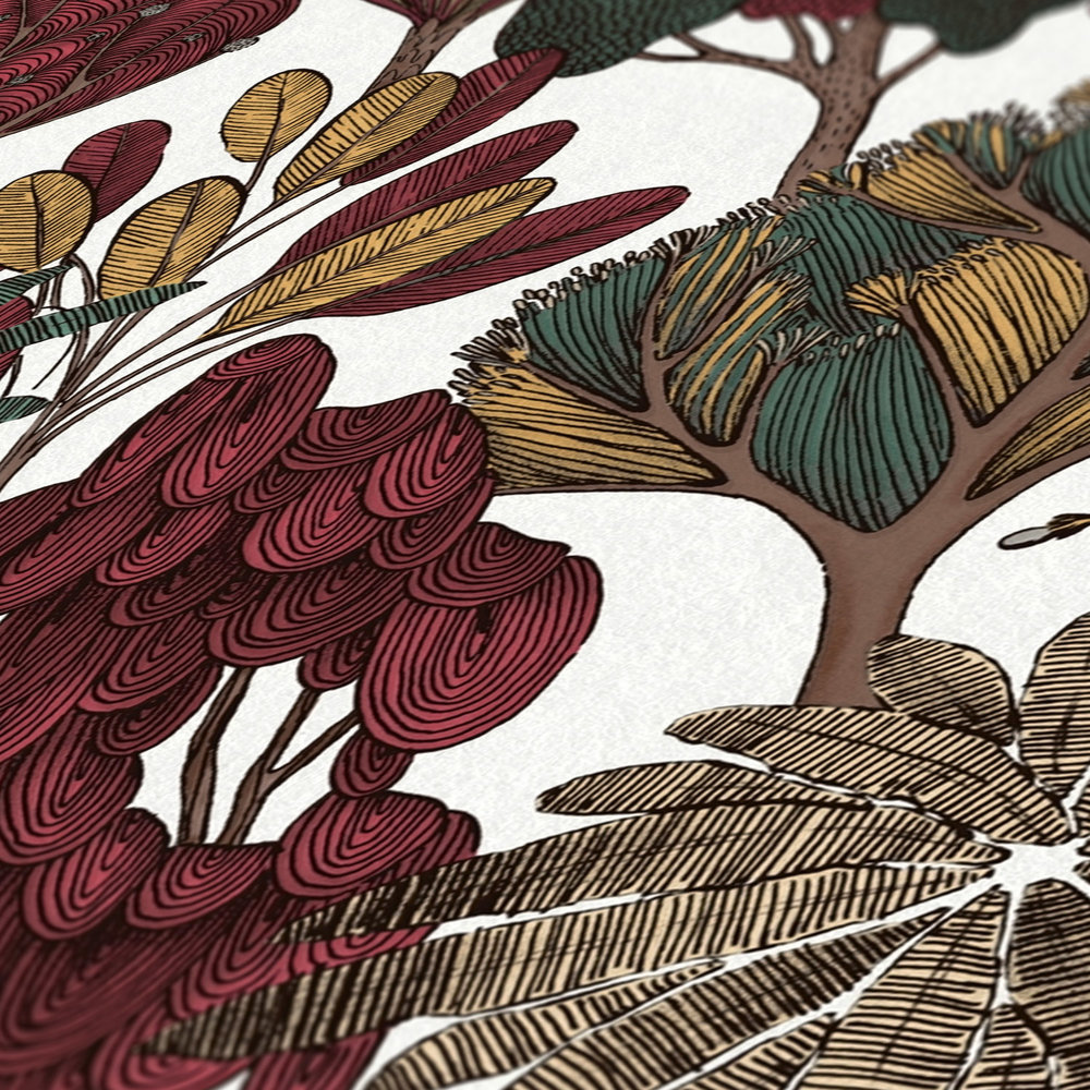             Moderne Tapete floral mit Bäumen im Zeichenstil – Rot, Beige, Braun
        