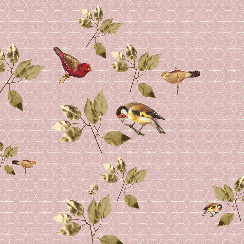 Brillant Birds 1 - Geometrie Fototapete mit Vogel & Blätter Muster – Grün, Rosa | Mattes Glattvlies
