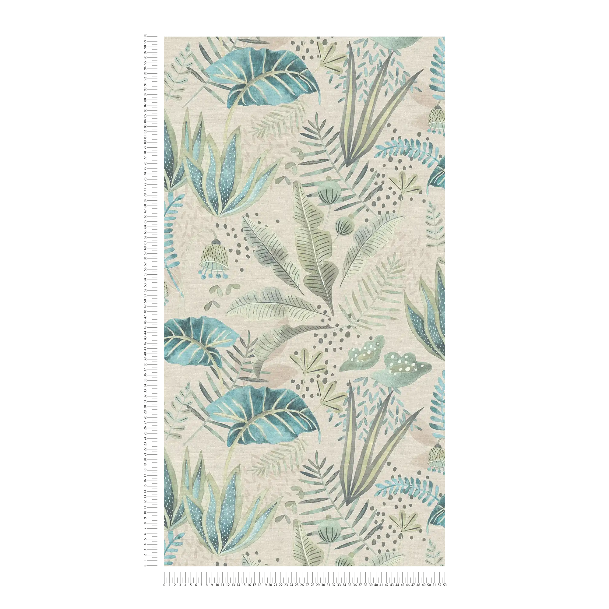             Tapete floral mit gemischten Blättern leicht strukturiert, matt – Beige, Grün, Blau
        