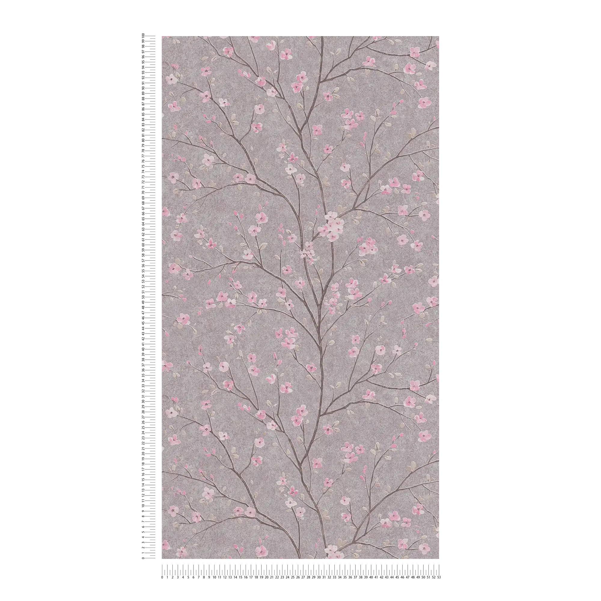             Asian Style Tapete mit Kirschblüten Muster – Grau, Rosa
        