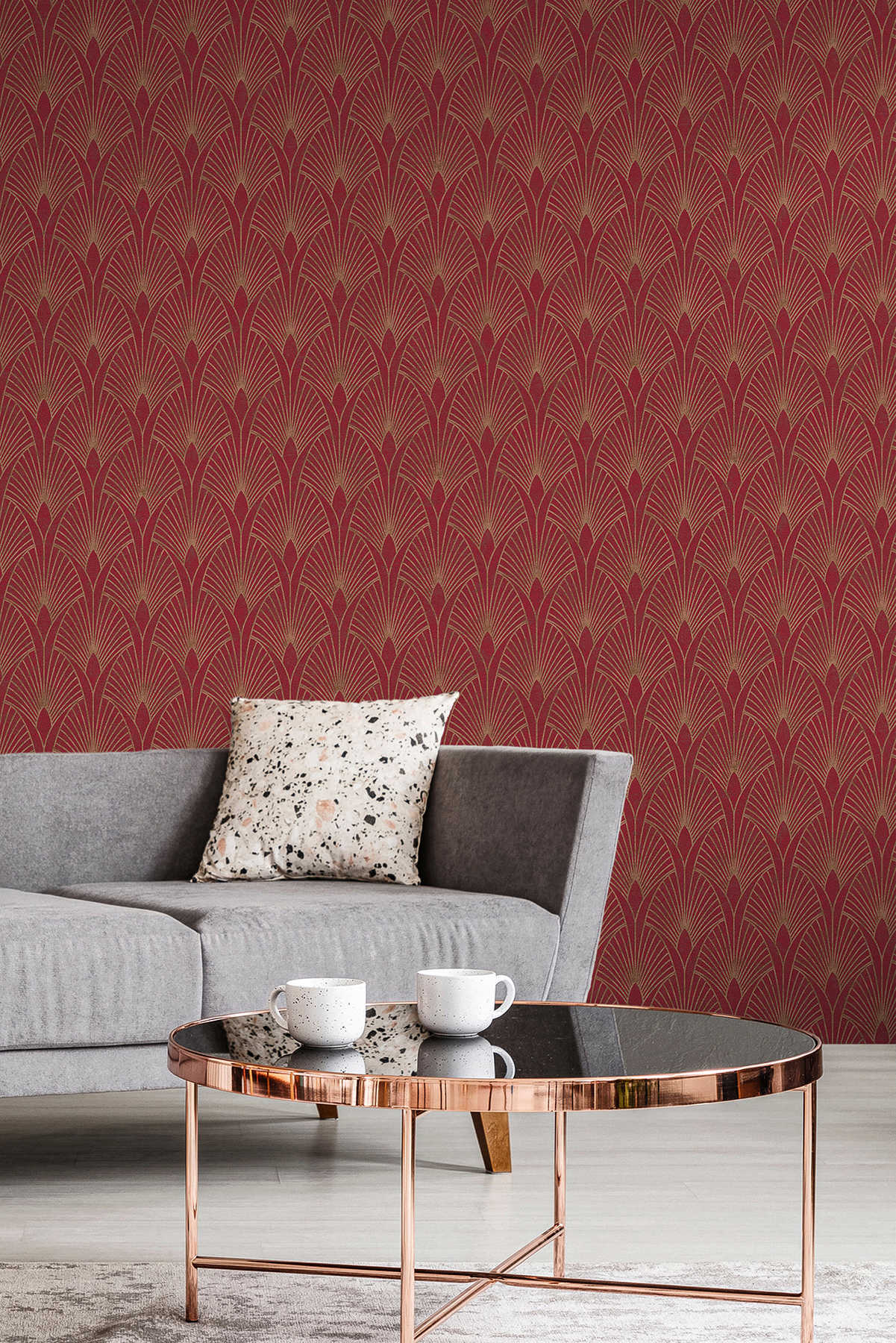            Art Déco Tapete goldenes Retro Muster – Rot, Gold
        