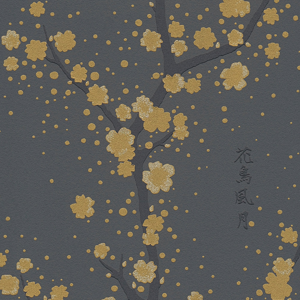            Tapete Kirschblüten & Zweige, asiatische Zeichen – Schwarz, Gold
        