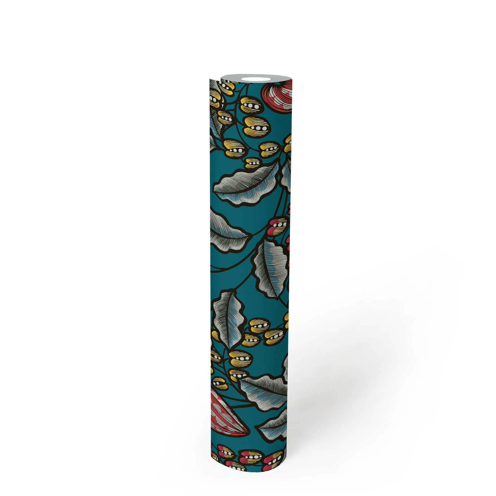             Florale Tapete Blätter & Blüten im modernen Kunststil – Blau, Gelb, Rot
        