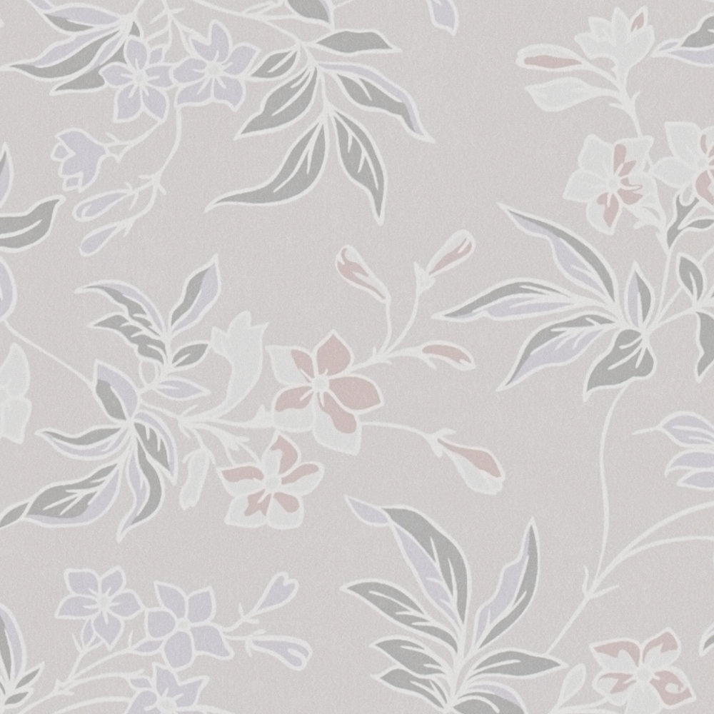             Vliestapete im englischen Stil mit floralem Muster – Creme, Rosa, Lila
        