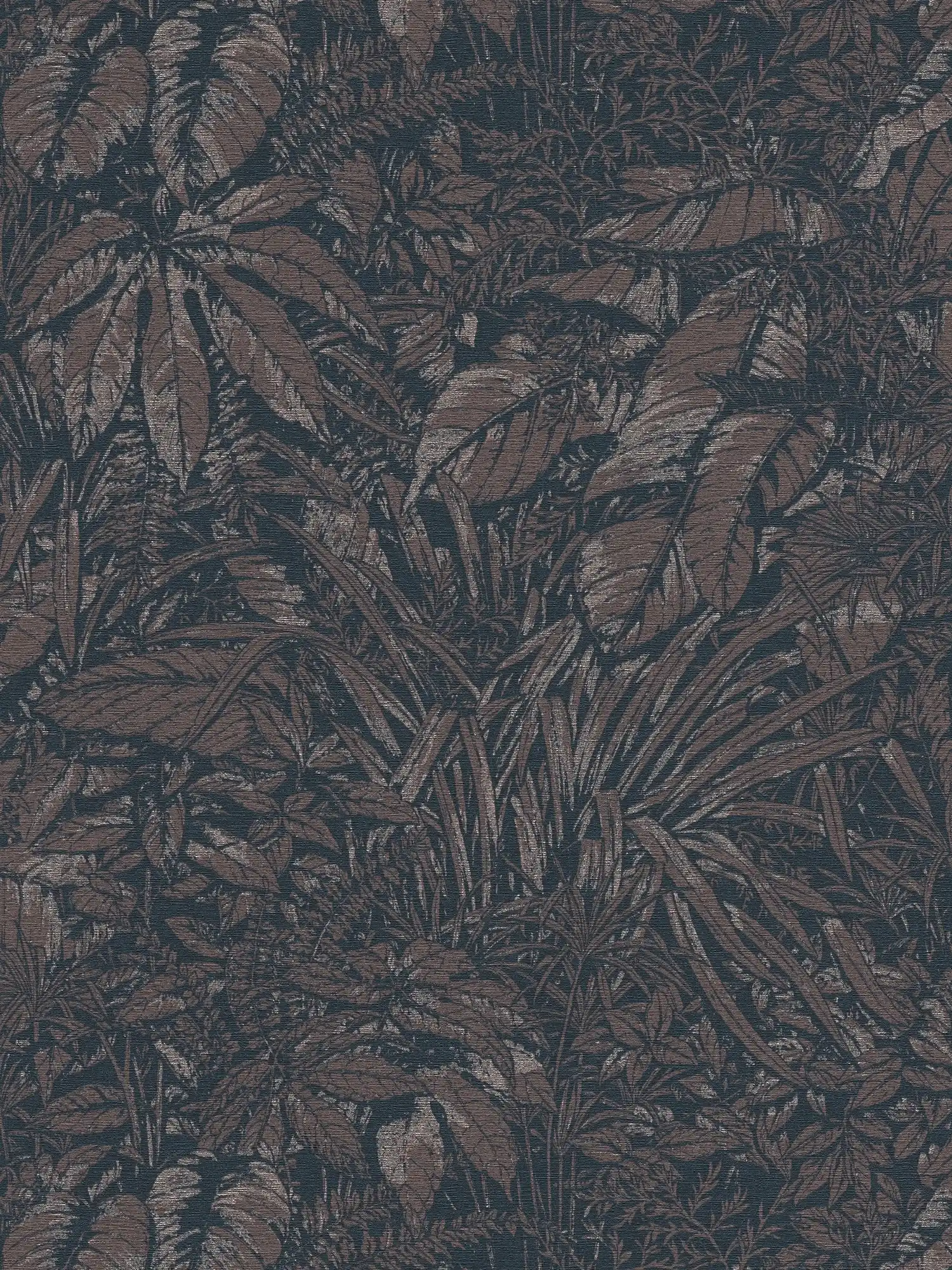 Dschungel Tapete leicht glänzend mit Blatt Muster – Braun, Schwarz, Silber
