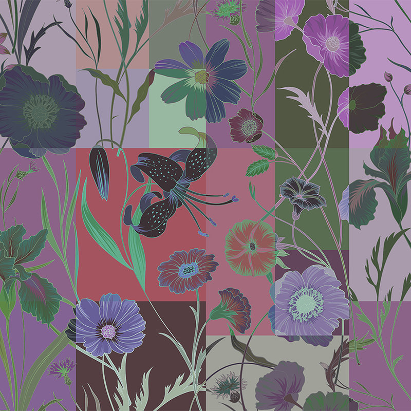         Floral patch 1 - Bunte Fototapete mit Blumen Patchwork – Grün, Rot | Premium Glattvlies
    