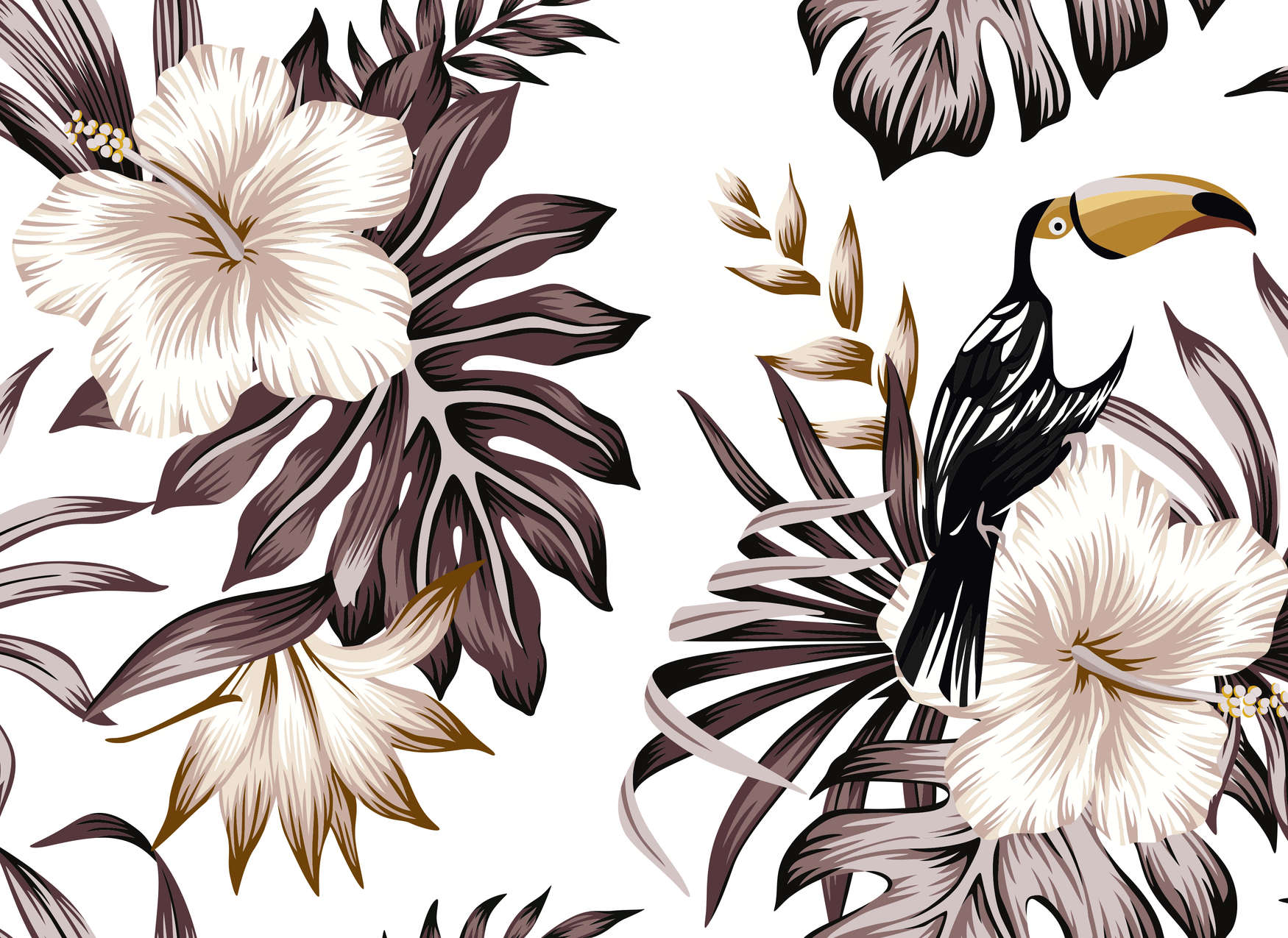             Dschungelpflanzen und Pelikan – Grau, Weiß, Schwarz
        