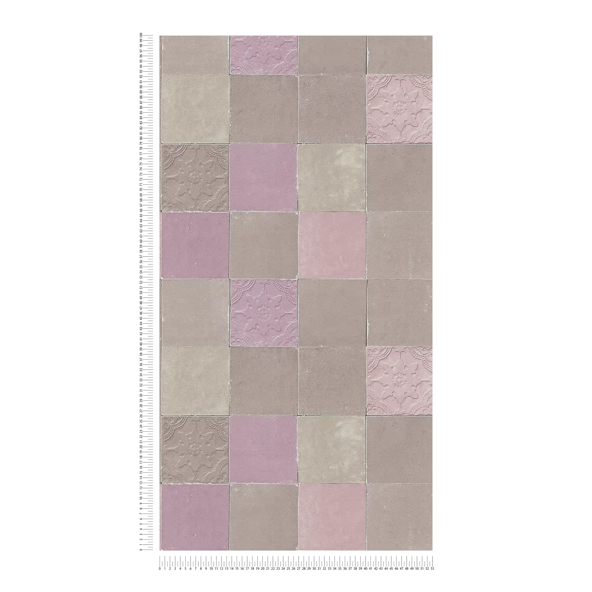             Orientalische Fliesentapete – Grau, Violett, Beige
        