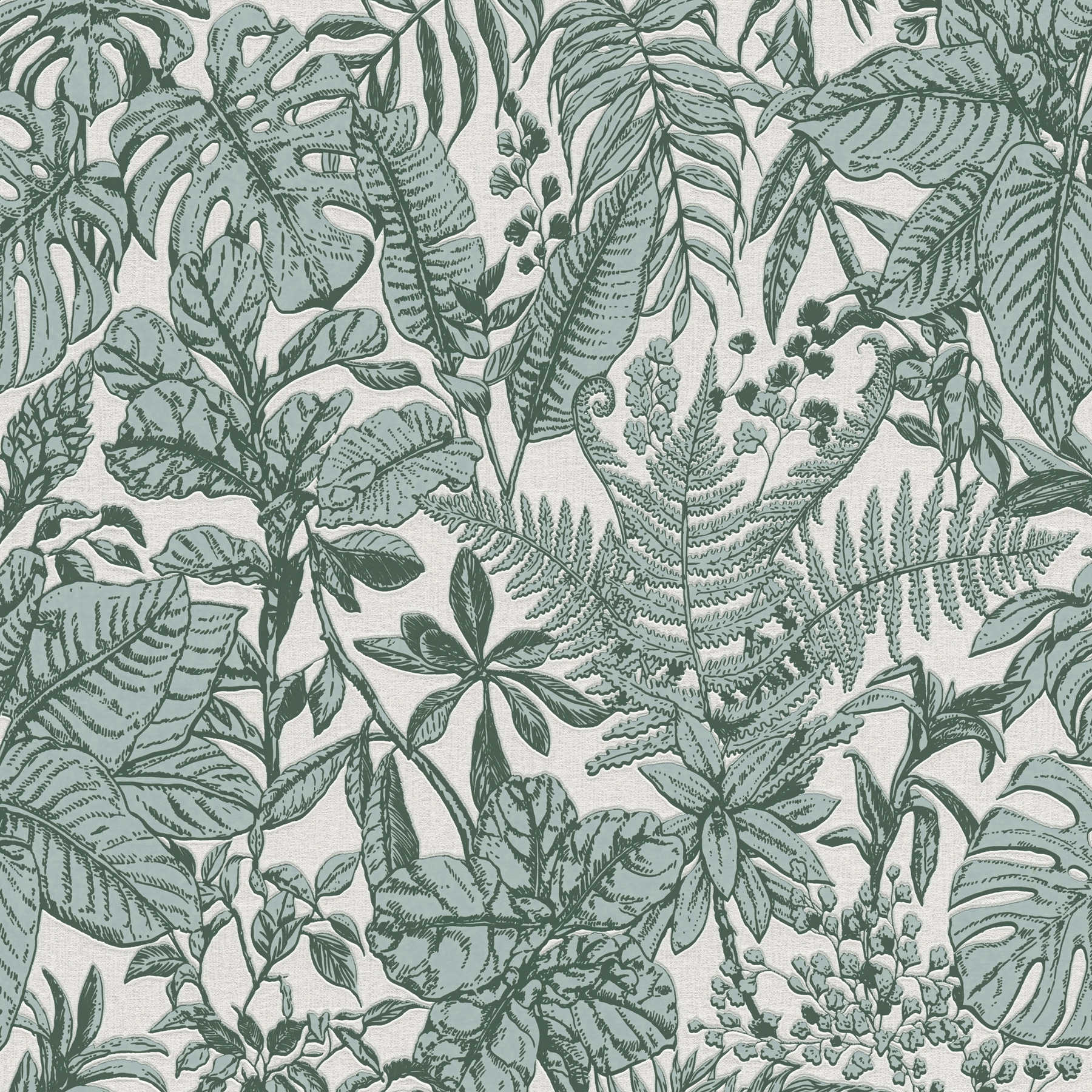 Tapete Dschungel Blätter, Monstera & Farne – Grün, Weiß, Grau
