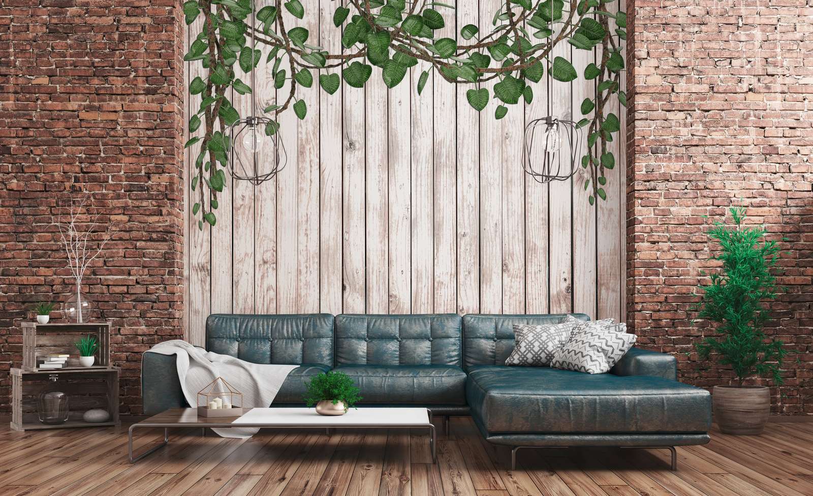             Fototapete Holzwand mit herabragenden Blättern naturell – Grün, Beige
        
