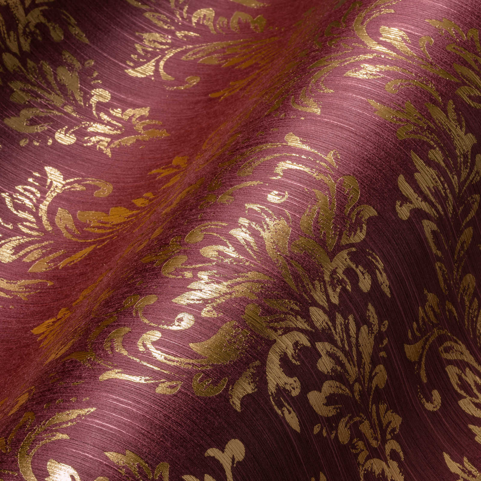             Ornament-Tapete floral mit goldenem Glitzer-Effekt – Gold, Rot
        