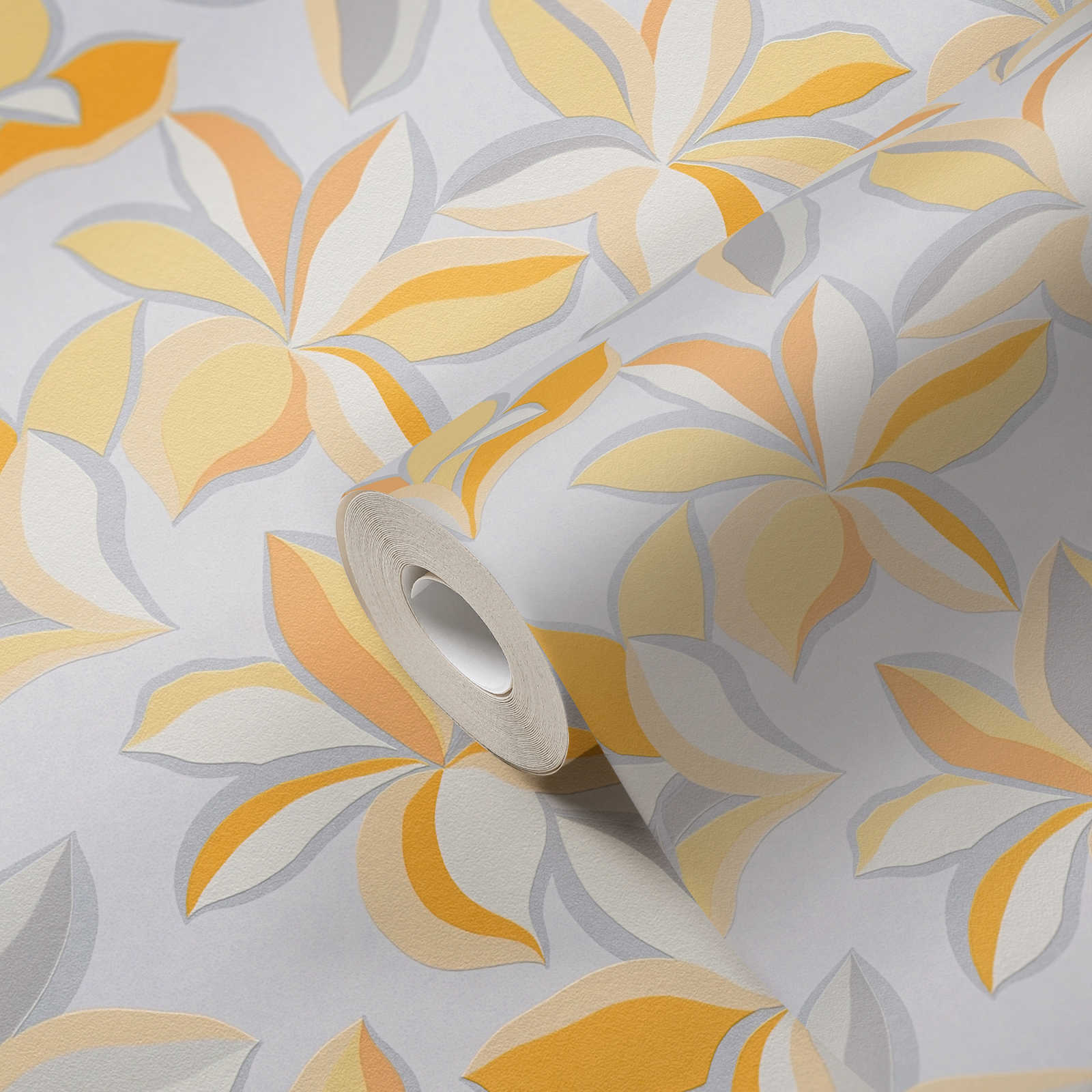             Vliestapete mit Blumenmuster & Metallic-Look – Gelb, Orange, Grau
        