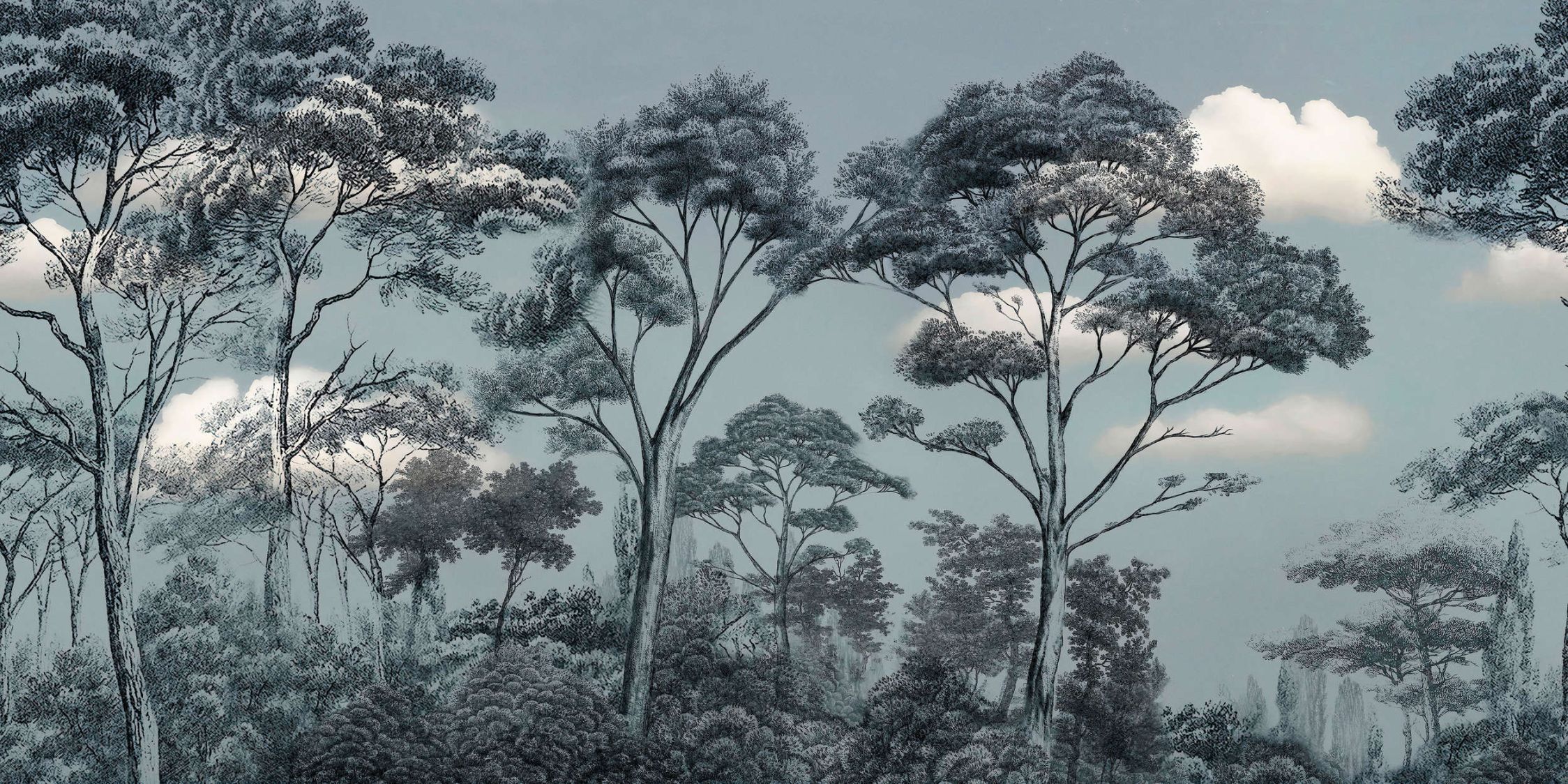             Fototapete »skye 2« - Regenwald vor Wolken – Blau-Grün | Glattes, leicht perlmutt-schimmerndes Vlies
        