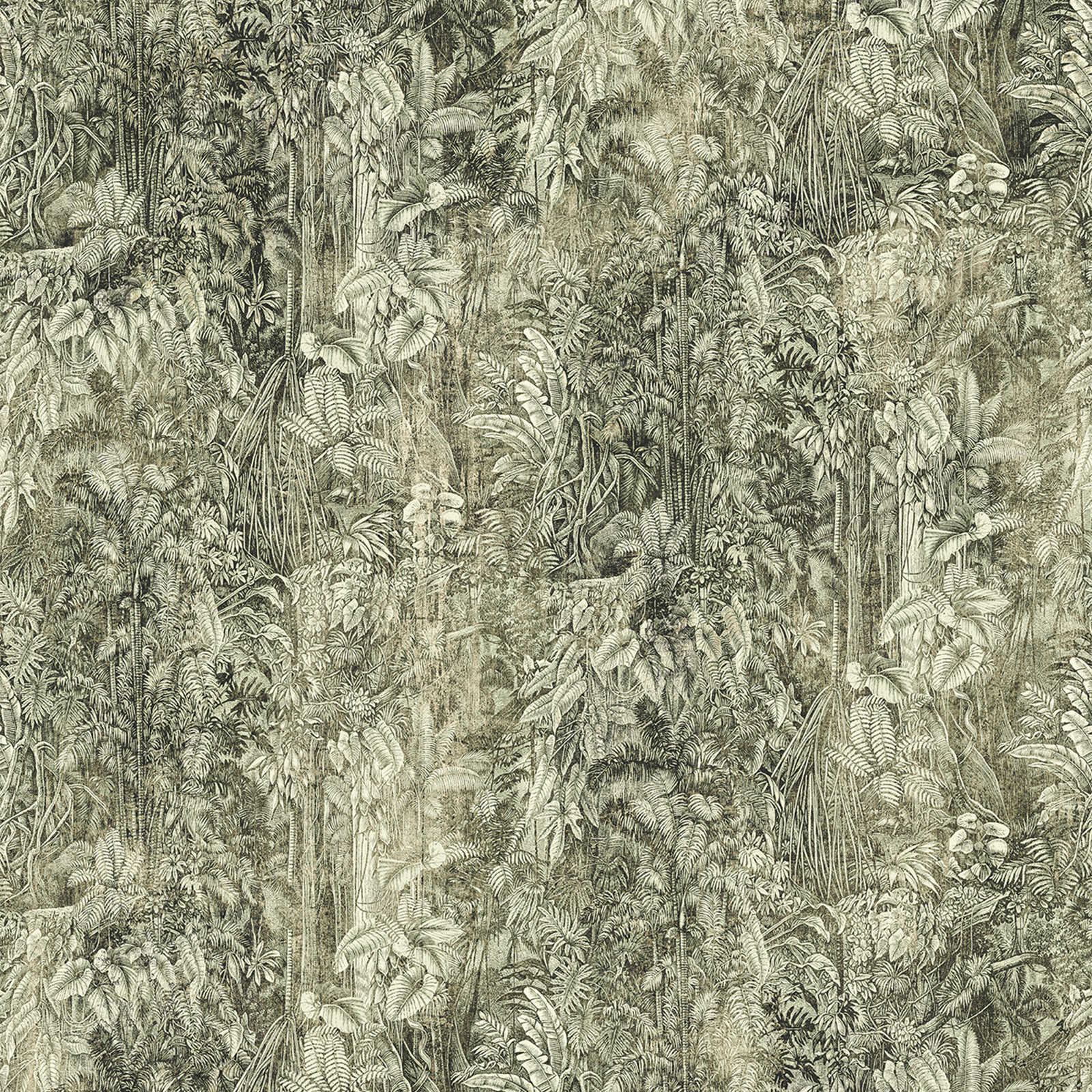 Dschungelmotiv Tapete im Retro Stil – Grün, Grau
