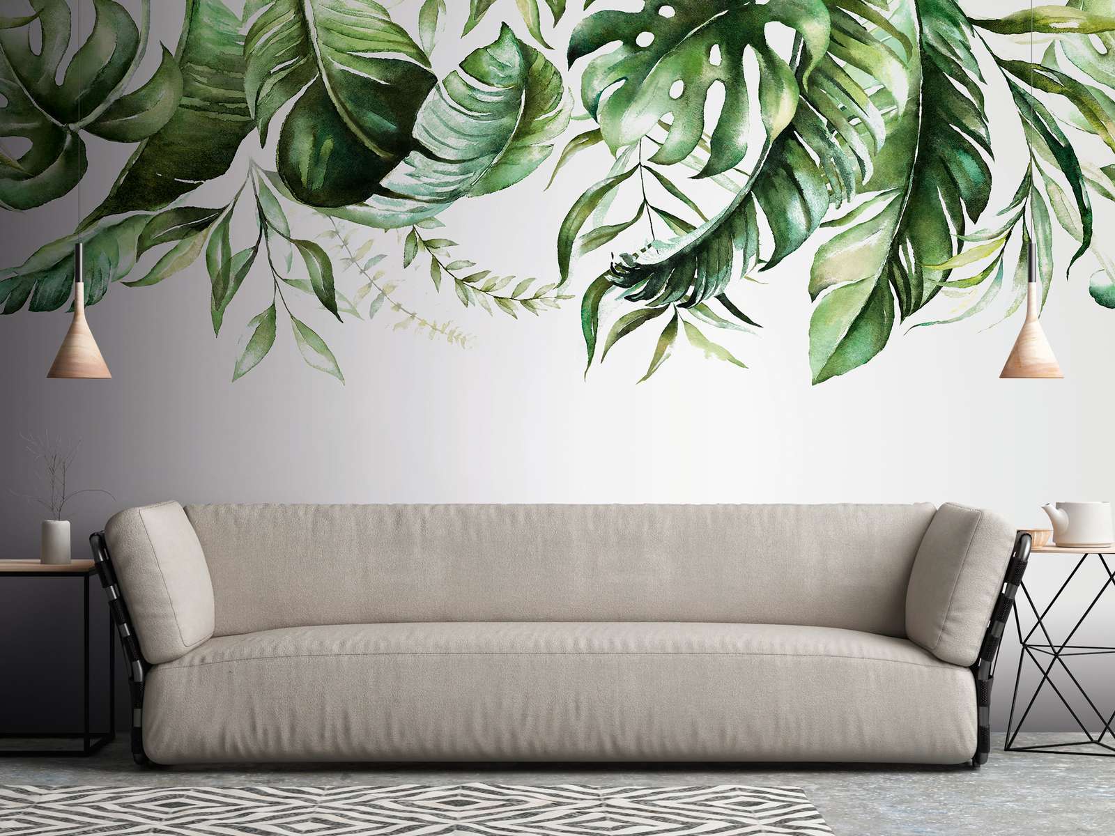             Fototapete mit tropischen Blätterranken auf einer Wand – Grün, Weiß
        