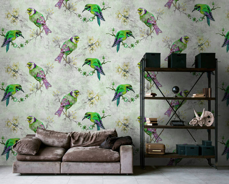             Love birds 2 - Bunte Fototapete in kratzer Struktur mit skizzierten Vögeln – Grau, Grün | Perlmutt Glattvlies
        