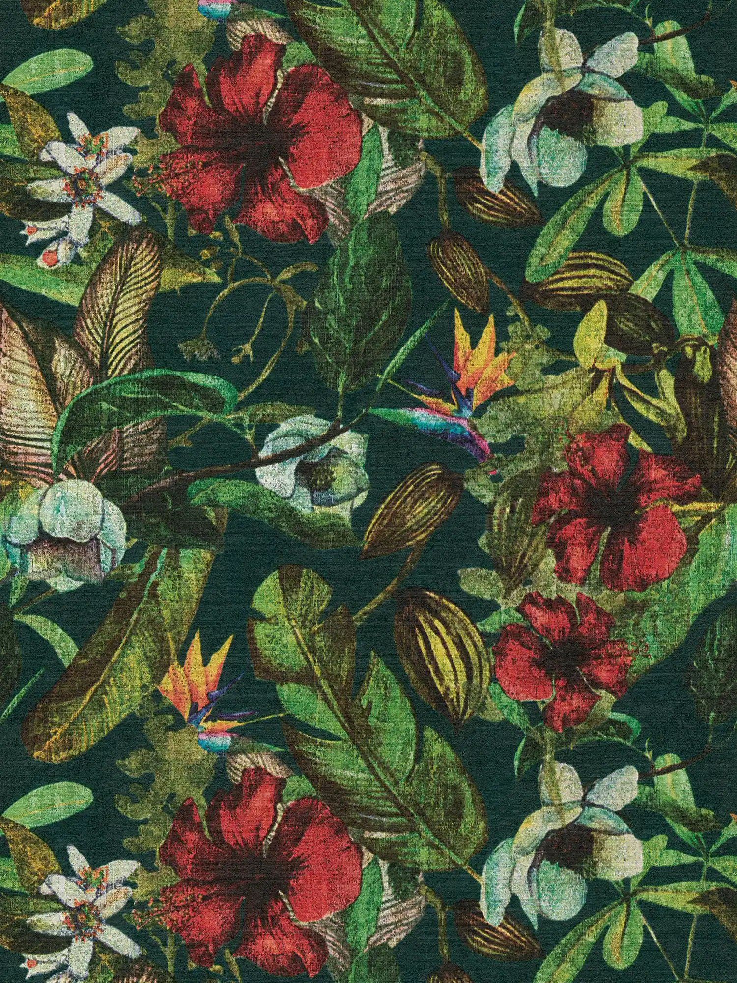 Dschungel Tapete tropische Blüten – Grün, Rot, Gelb

