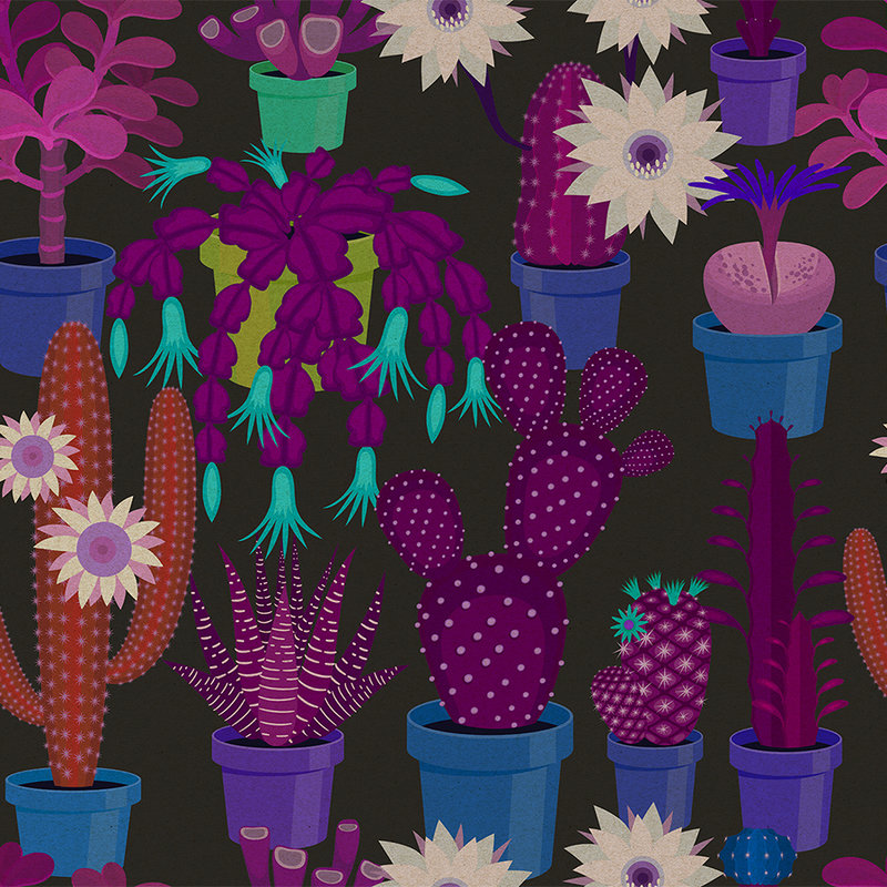 Cactus garden 1 - Fototapete in Pappe Struktur mit bunten Kakteen im Comic Stil – Blau, Orange | Struktur Vlies
