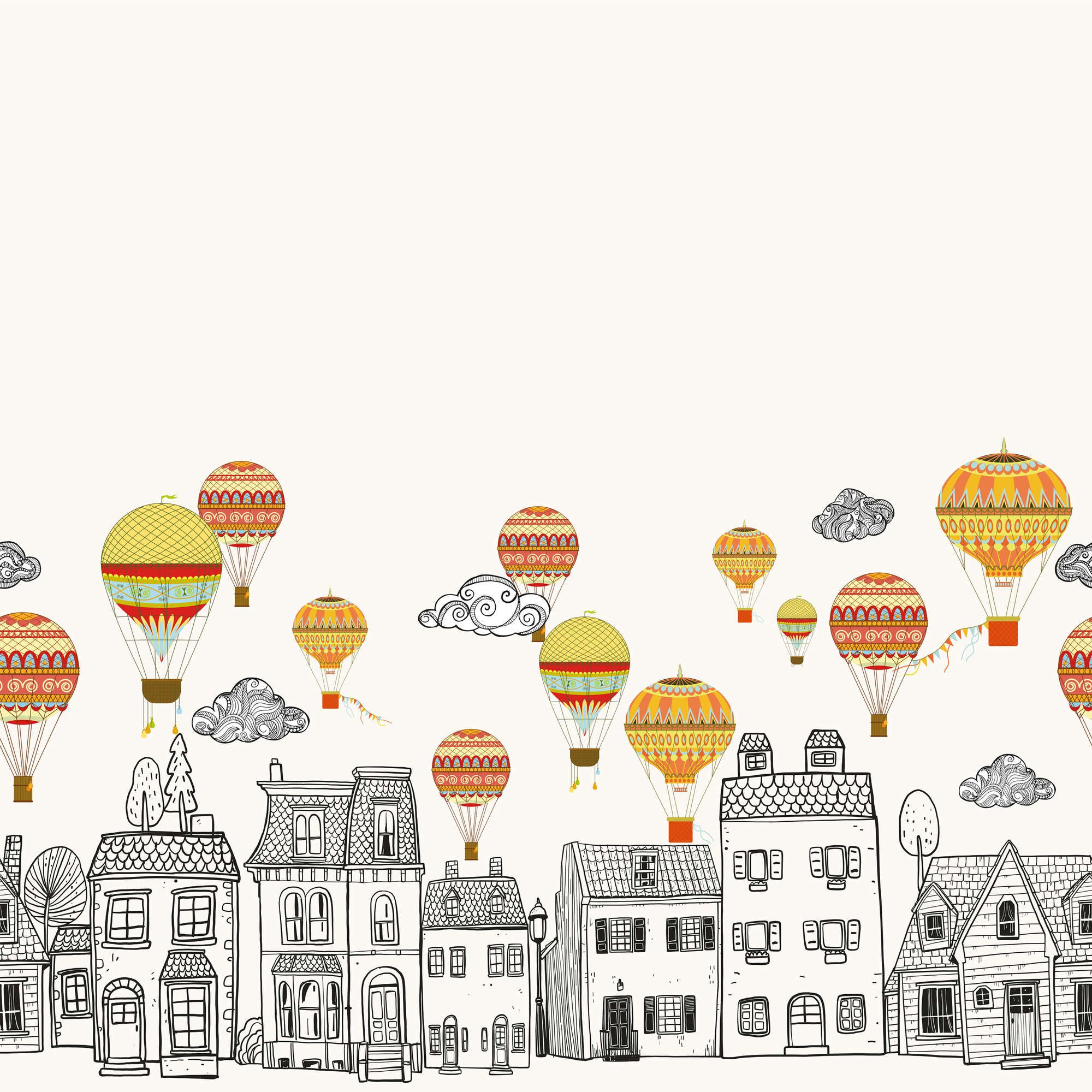             Fototapete Kleinstadt mit Heißluftballoons – Glattes & perlmutt-schimmerndes Vlies
        