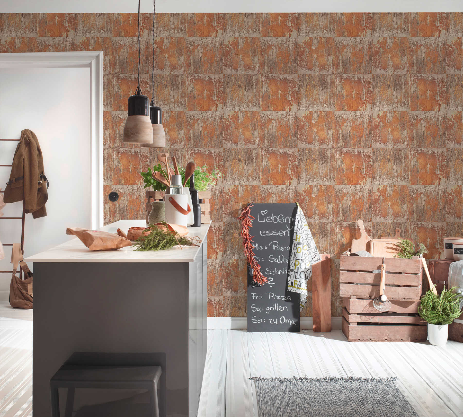             Vliestapete Patina-Design mit Rost und Kupfereffekten – Orange, Braun, Kupfer
        