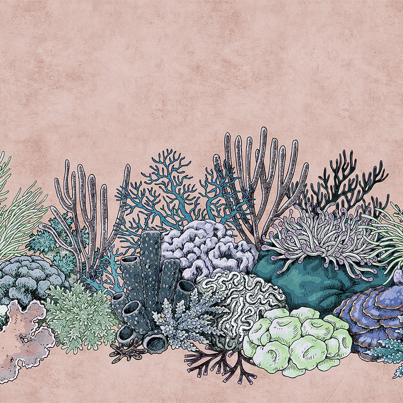 Octopus´s Garden 2 - Korallen Fototapete in Löschpapier Struktur im Zeichenstil – Grün, Rosa | Perlmutt Glattvlies
