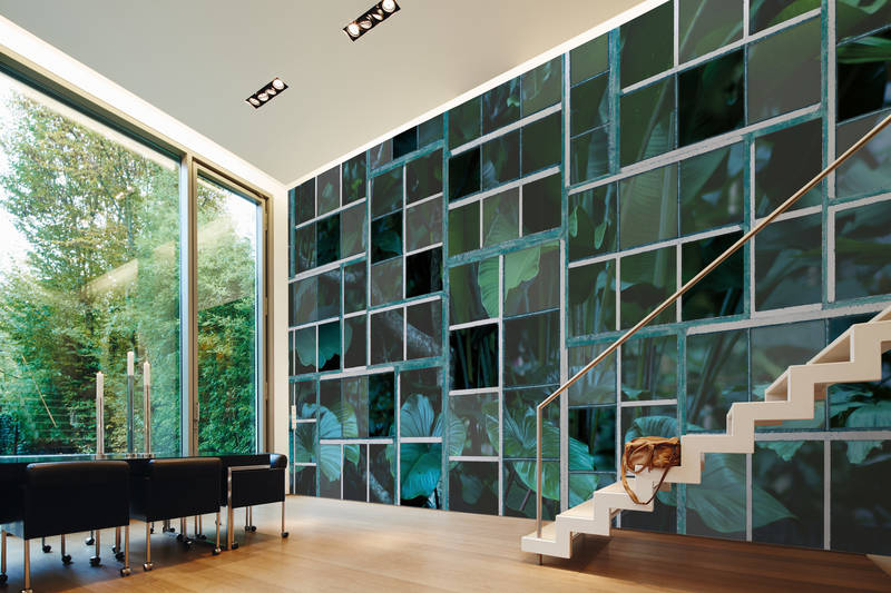             Fototapete Retro Fenster mit Waldausblick – Blau, Grün, Weiß
        