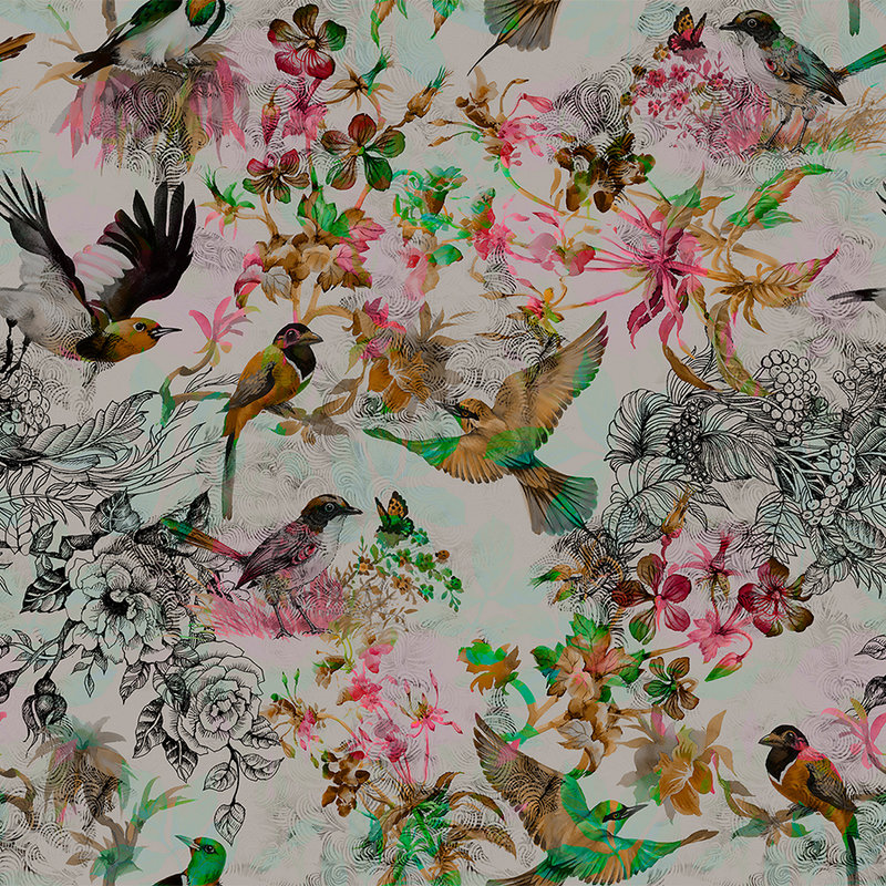 Fototapete Vögel & Blumen im Collage Stil – Grau, Rosa

