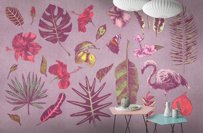             Fototapete Skizze Flamingo und Blätter – Rosa, Grün
        