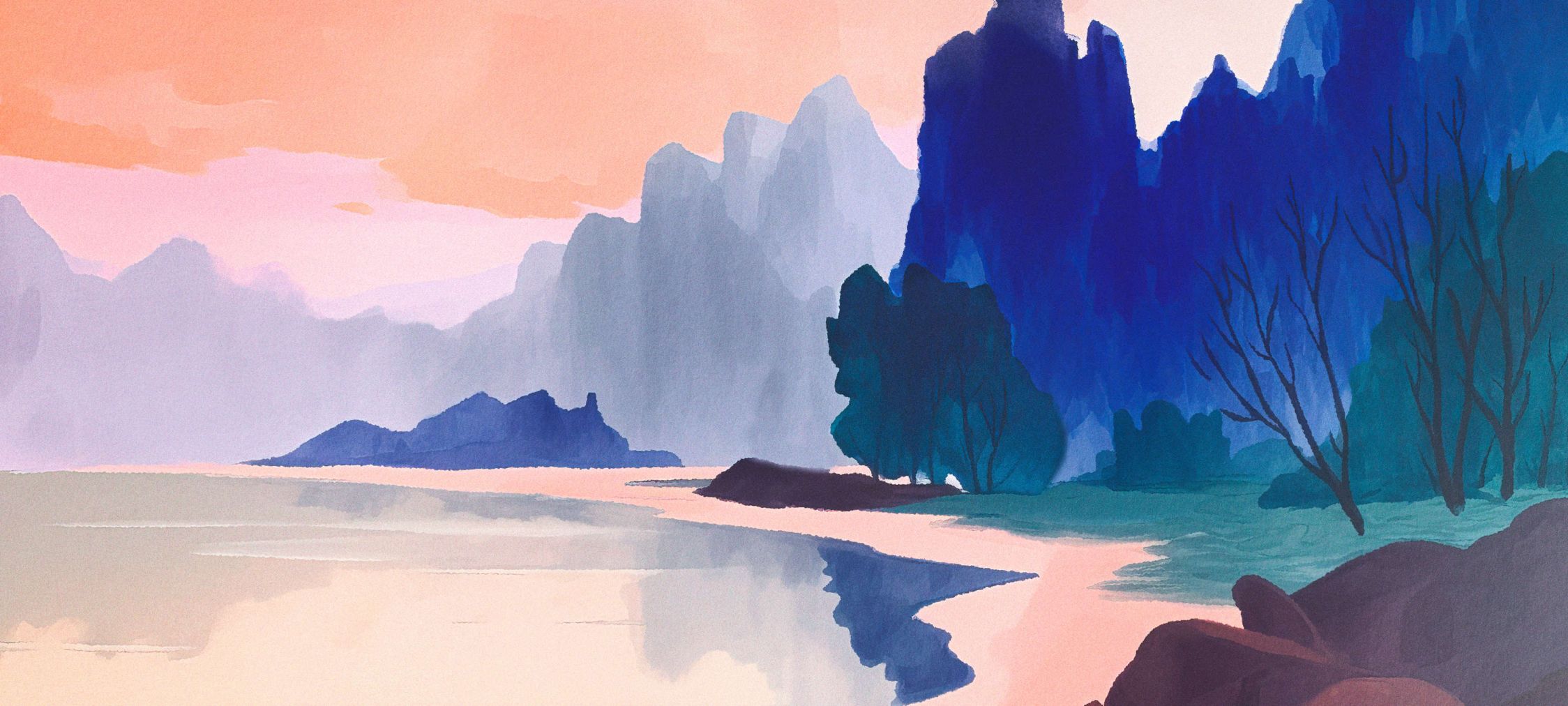             Fototapete »aurora« - Landschaft mit See im Sonnenuntergang – Blau, Rosa | Glattes, leicht perlmutt-schimmerndes Vlies
        