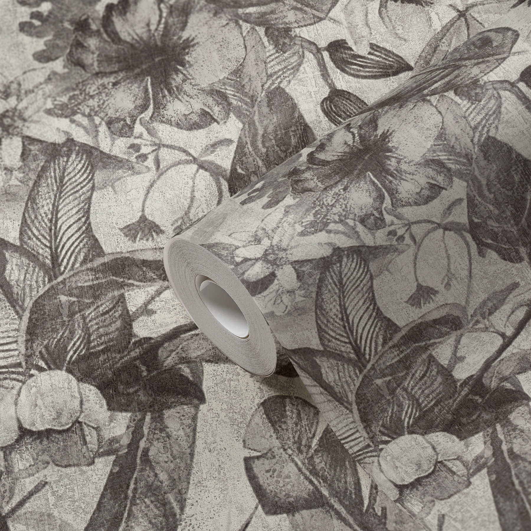             Tapete Blütenmuster, Tropen Stil & Textil-Optik – Grau, Schwarz, Weiß
        