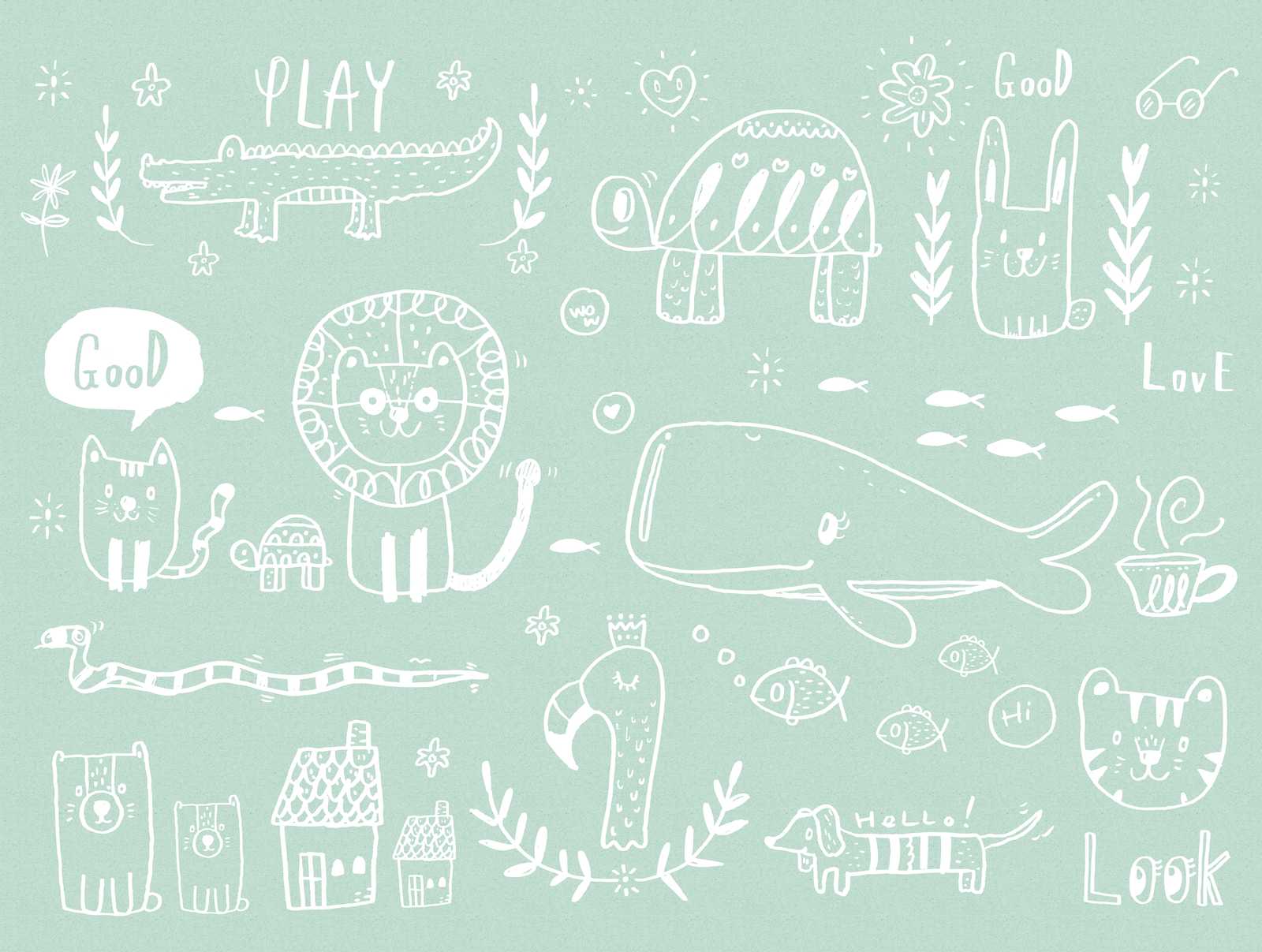            Tapeten Neuheit – Kinderzimmer Motivtapete Doodle Tiere, Mintgrün
        