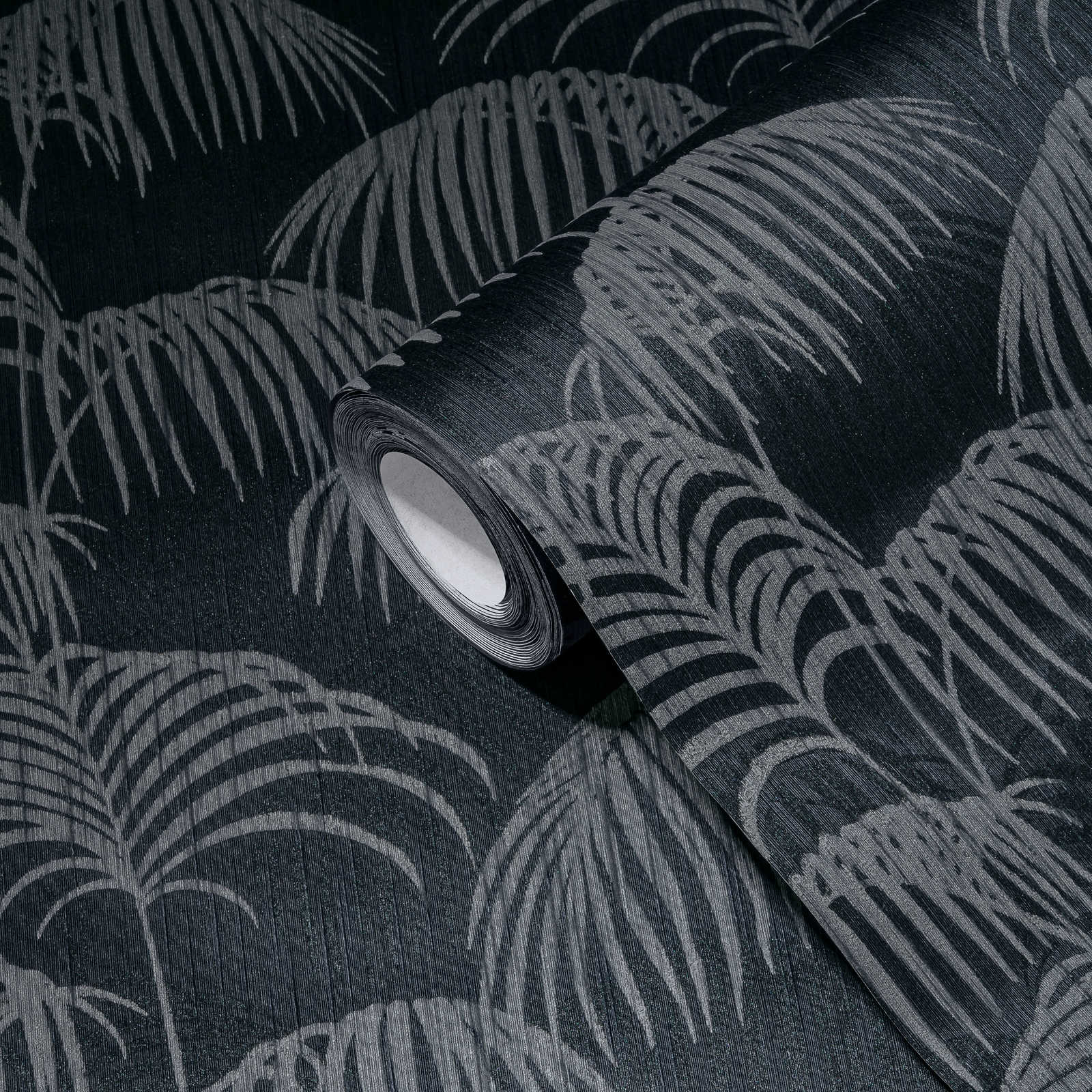            Tapete Palmblätter Natur Muster mit Tiefeneffekt – Grau, Schwarz
        
