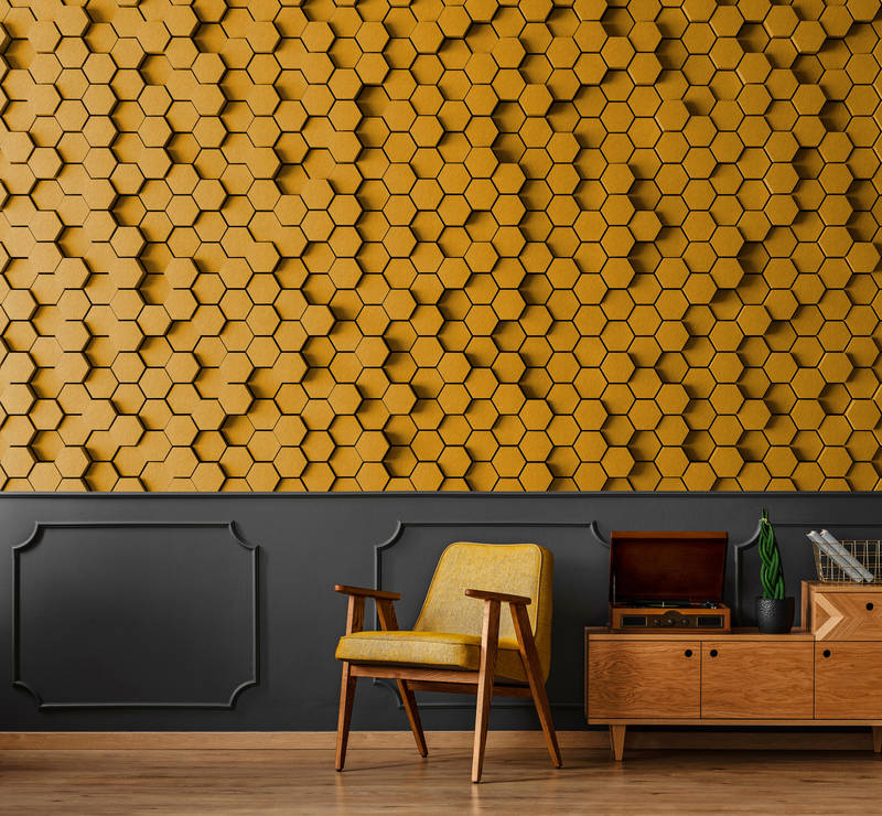             Honeycomb 1 - 3D Fototapete mit gelbem Wabendesign in Filz Struktur – Gelb, Schwarz | Perlmutt Glattvlies
        