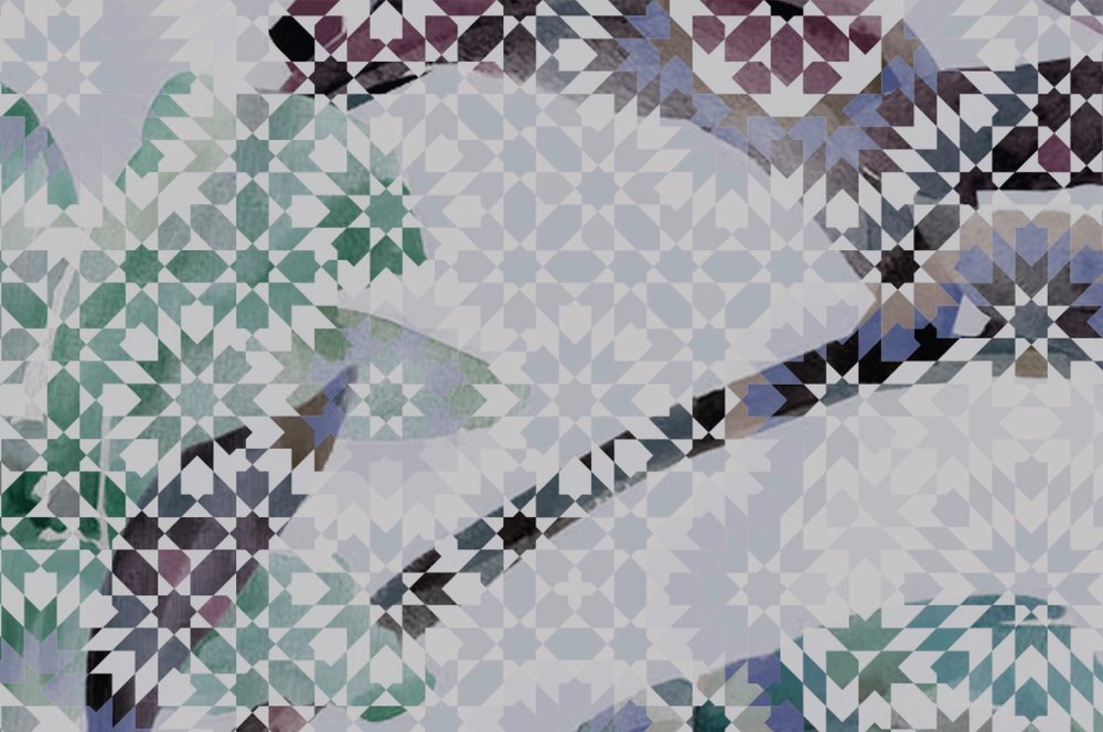             Mosaik Fototapete mit floralem Blättermuster in Grau
        